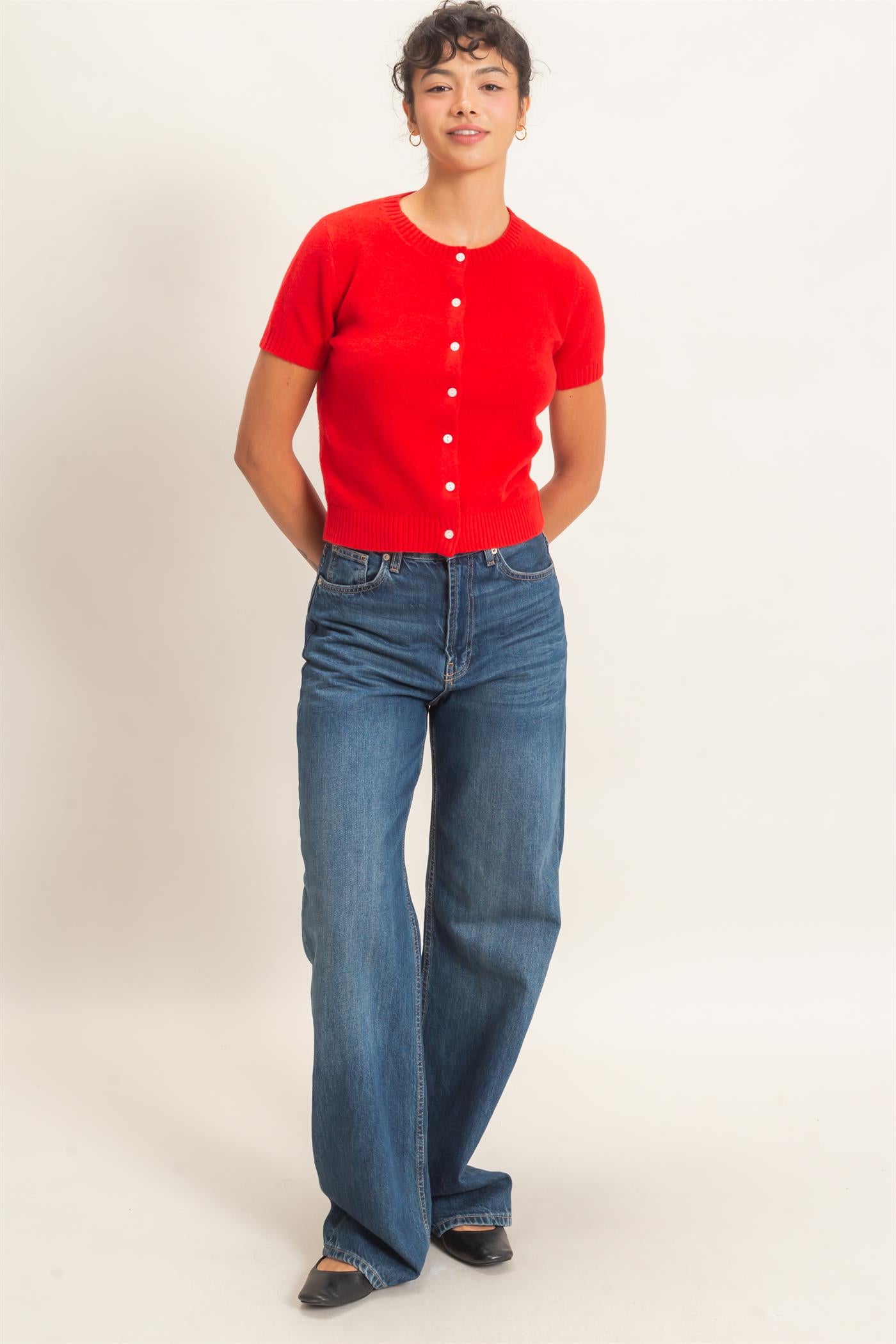 Wholesale Crew Neck Short Sleeve Cardigan Cardigans DZ26E108 RED DOUBLE ZERO