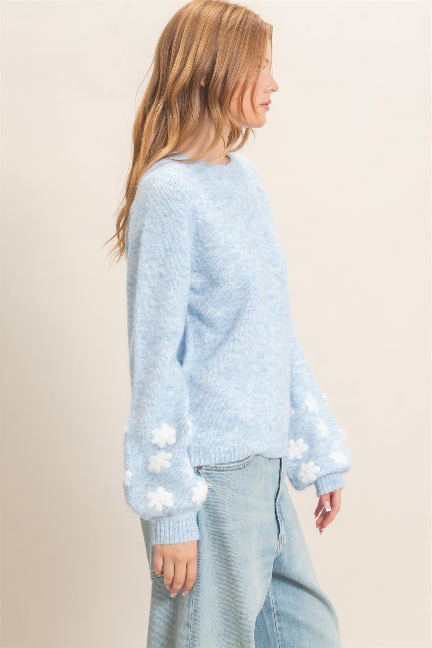 Wholesale Floral Applique Raglan Sleeve Sweater Sweaters HF26E808 MISTY BLUE HYFVE