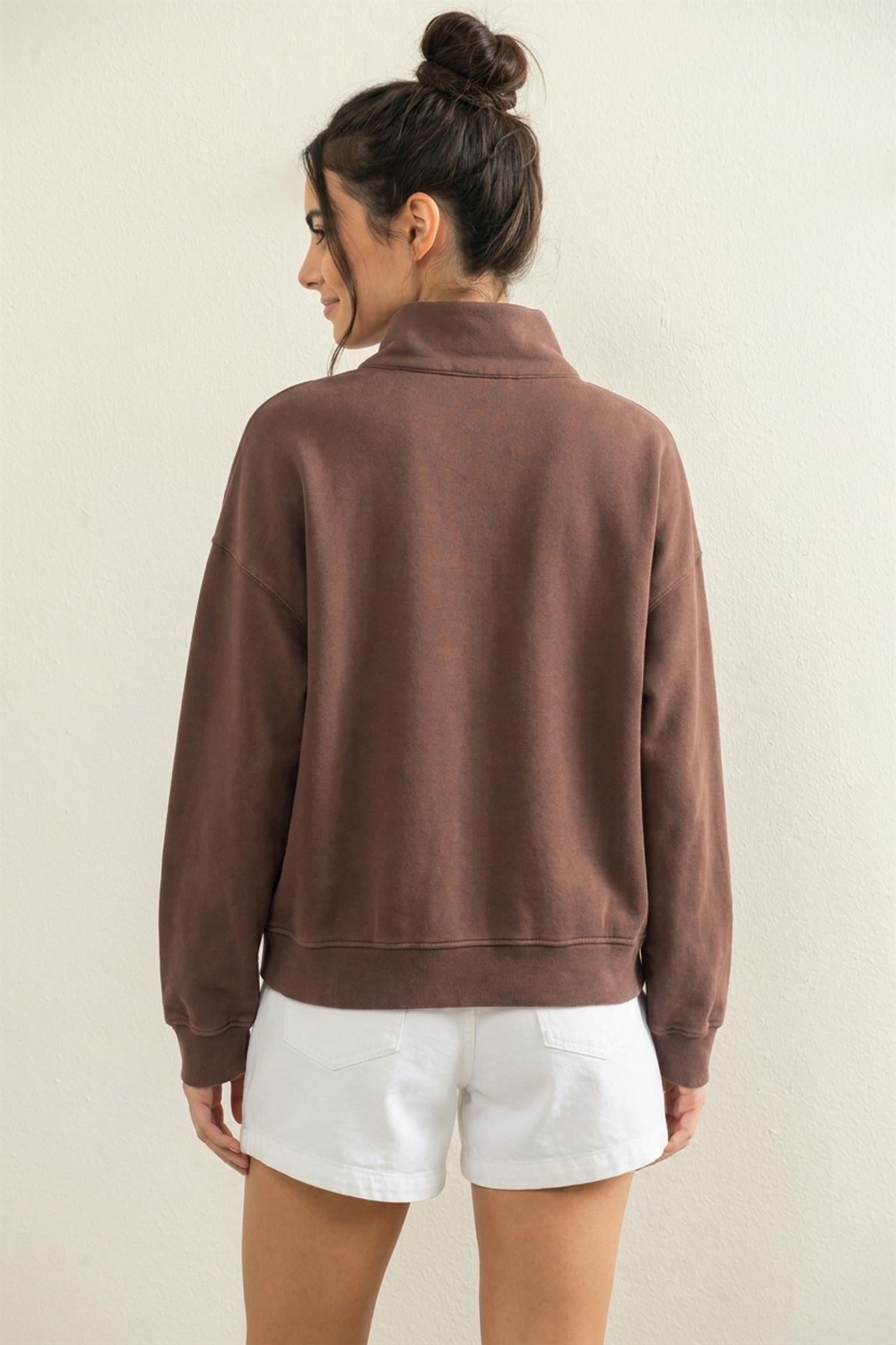 Wholesale Mineral Wash Button Front Sweatshirt Sweatshirts DZ26C909 DARK BROWN DOUBLE ZERO