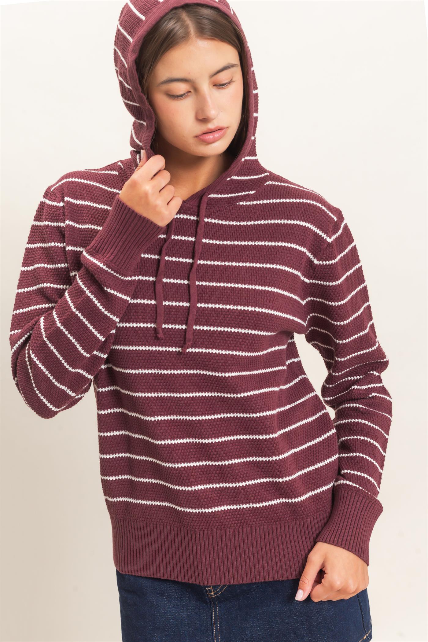 Wholesale Striped Hooded Sweater Hoodies DZ26C972 DARK CHERRY DOUBLE ZERO