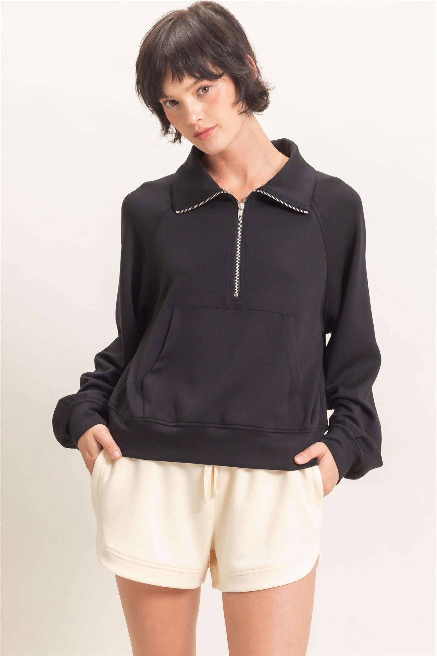 Wholesale Half-Zip Collar Raglan Pullover Sweatshirts DZ26C967 BLACK DOUBLE ZERO