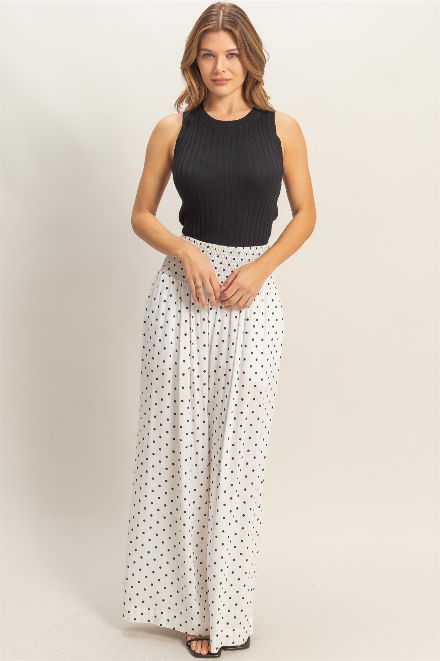 Wholesale Polka Dot Elastic Wide-Leg Pants Pants HF26C280 WHITE HYFVE
