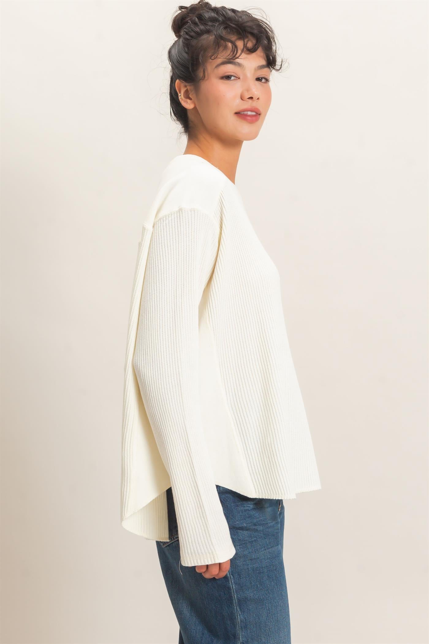 Wholesale Oversized Mineral Washed Waffle Knit Top Clothing Tops DZ26E654 CREAM DOUBLE ZERO