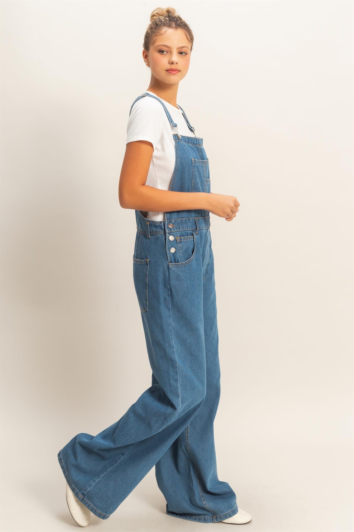 Wholesale Snow Wash Denim Overalls Clothing HF26C185 MEDIUM BLUE HYFVE