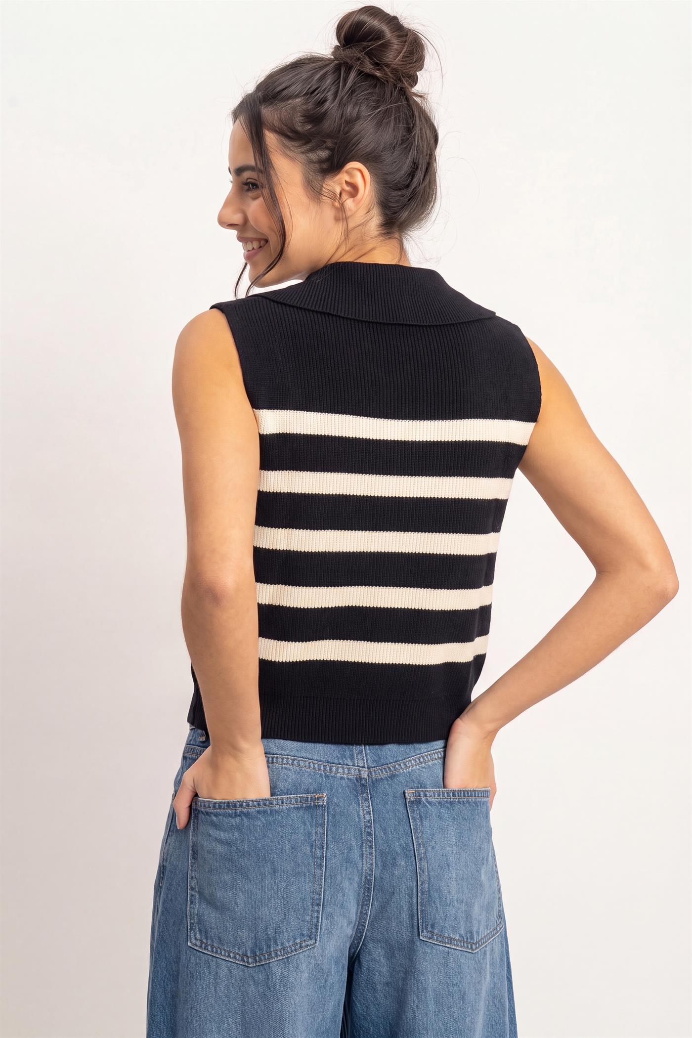Wholesale Half-Zip Sleeveless Stripe Sweater Sweaters DZ26E951 BLACK DOUBLE ZERO