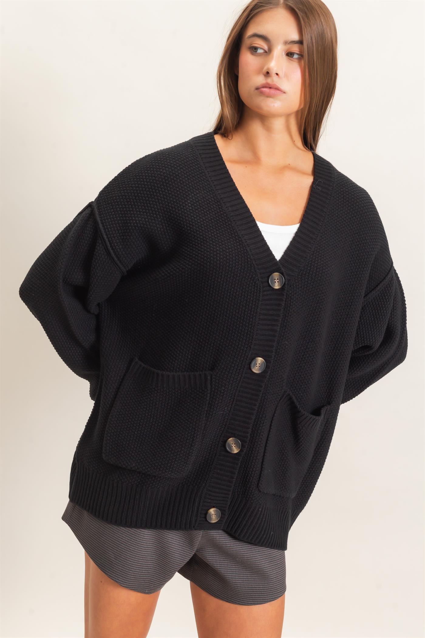 Wholesale Textured Oversized Knit Buttoned Cardigan Cardigans DZ26C971 BLACK DOUBLE ZERO