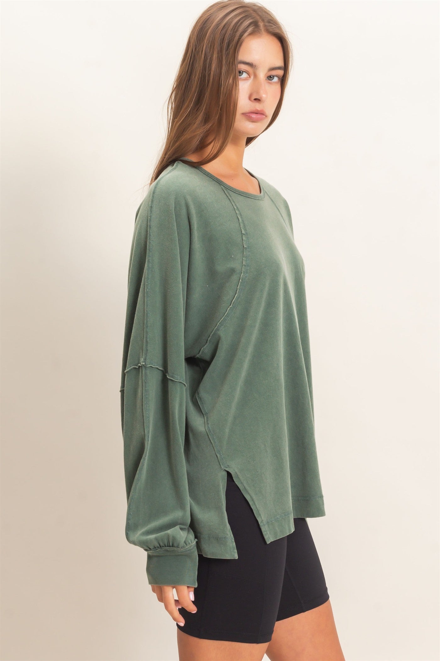 Wholesale Raglan Sleeve Snow Wash Top Shirts DZ26E945 DARK GREEN DOUBLE ZERO