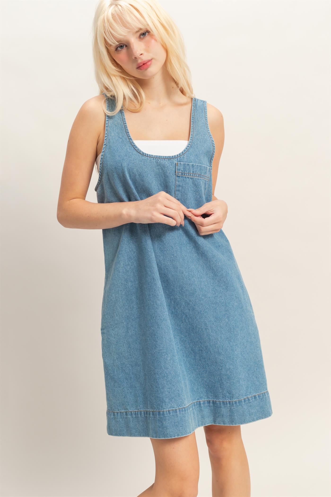 Wholesale Sleeveless Denim Shift Dress Dresses DZ26C204 MEDIUM BLUE DOUBLE ZERO