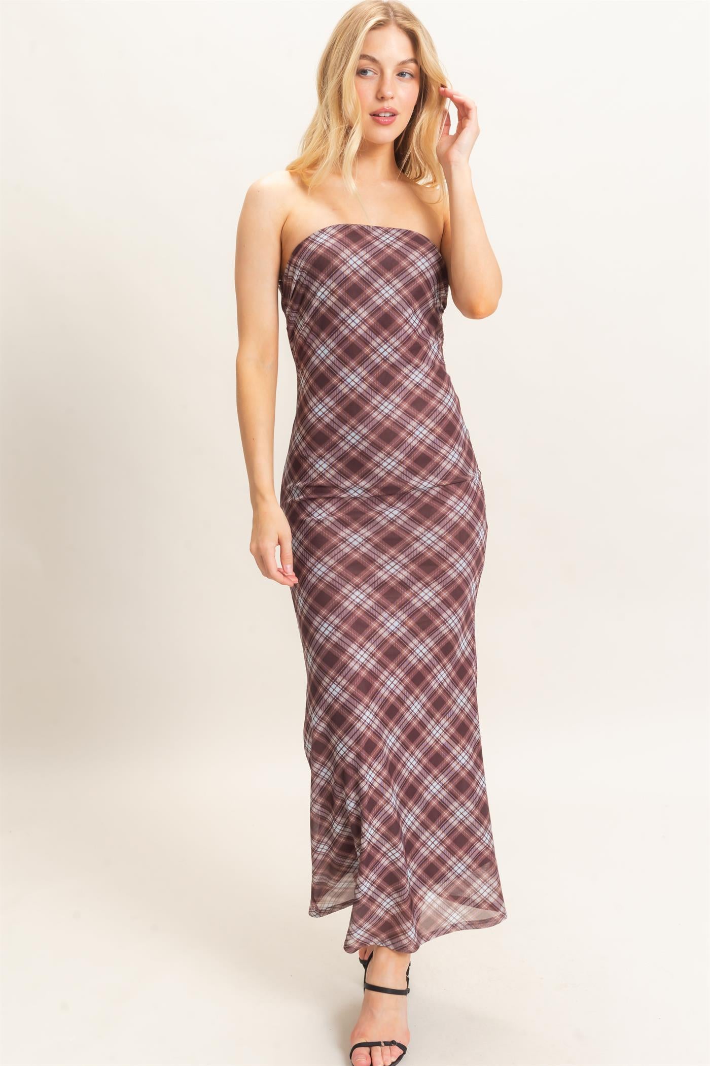 Wholesale Strapless Printed Mesh Maxi Dress Dresses HF26F212 BROWN/PLAID HYFVE