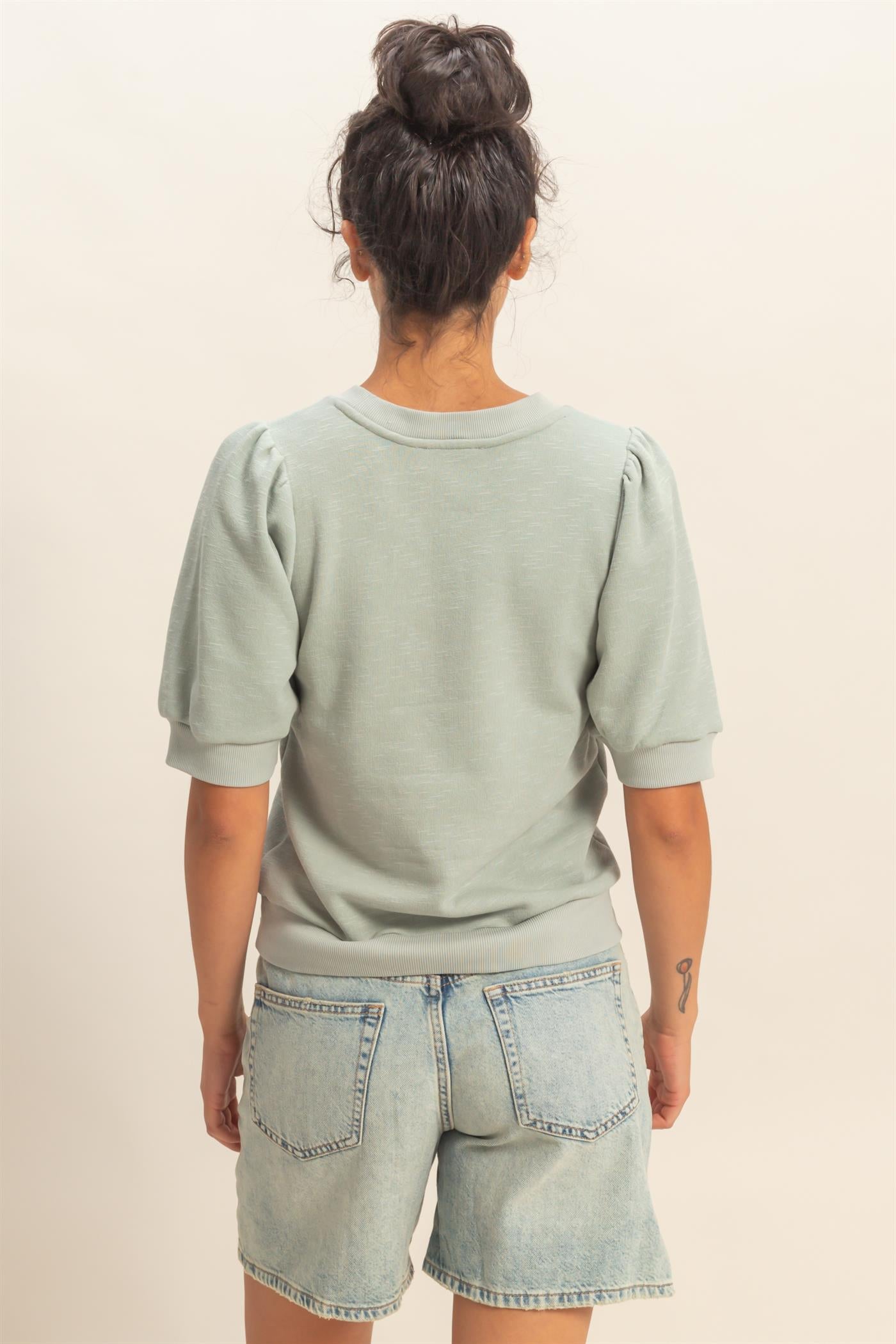 Wholesale Puff Short Sleeve Crew Neck Top Clothing Tops DZ26A927 SAGE GREEN DOUBLE ZERO