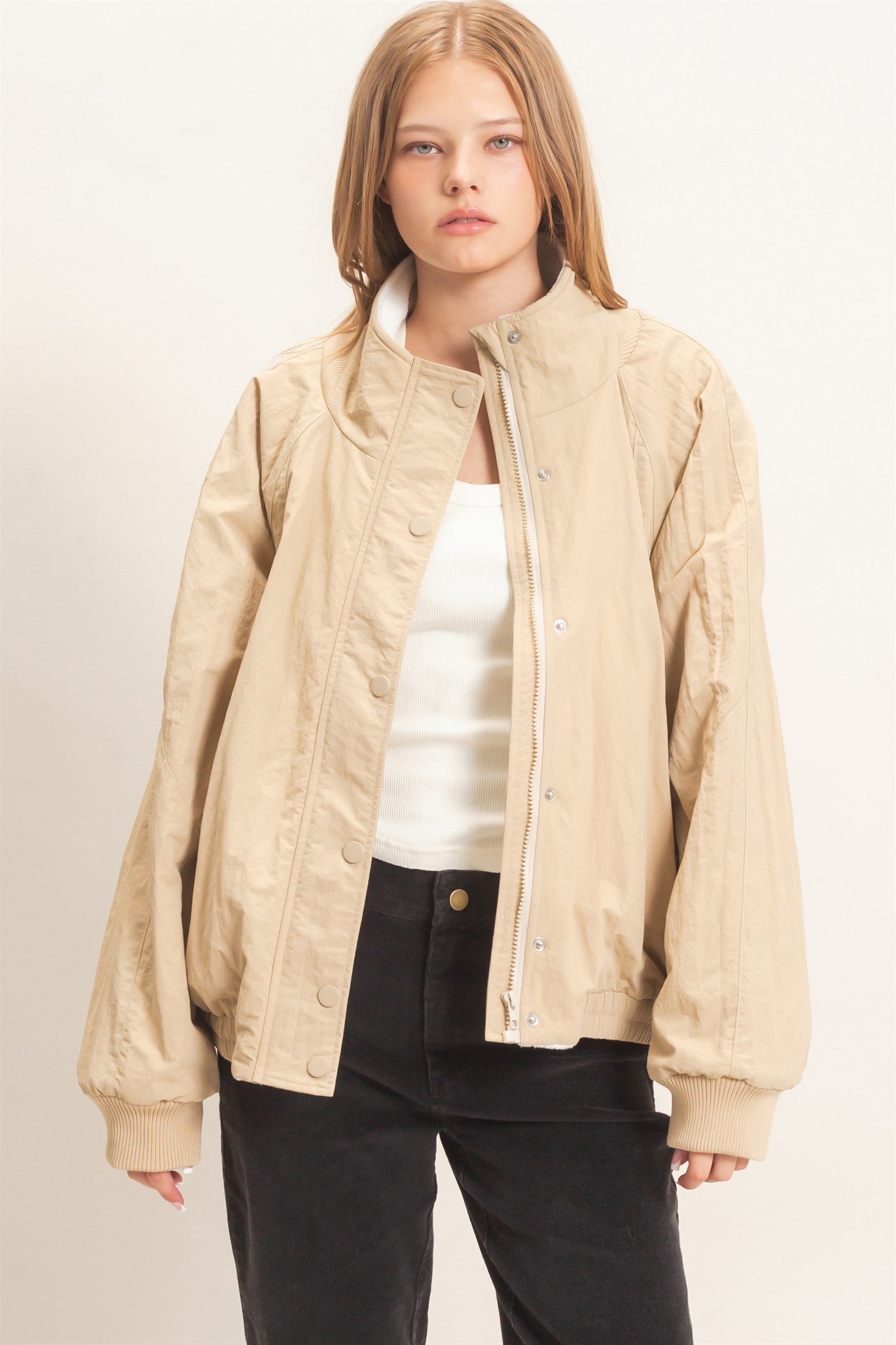 Wholesale Fleece-Lined Mock Neck Snap Jacket Coats & Jackets HF26C918 BEIGE HYFVE