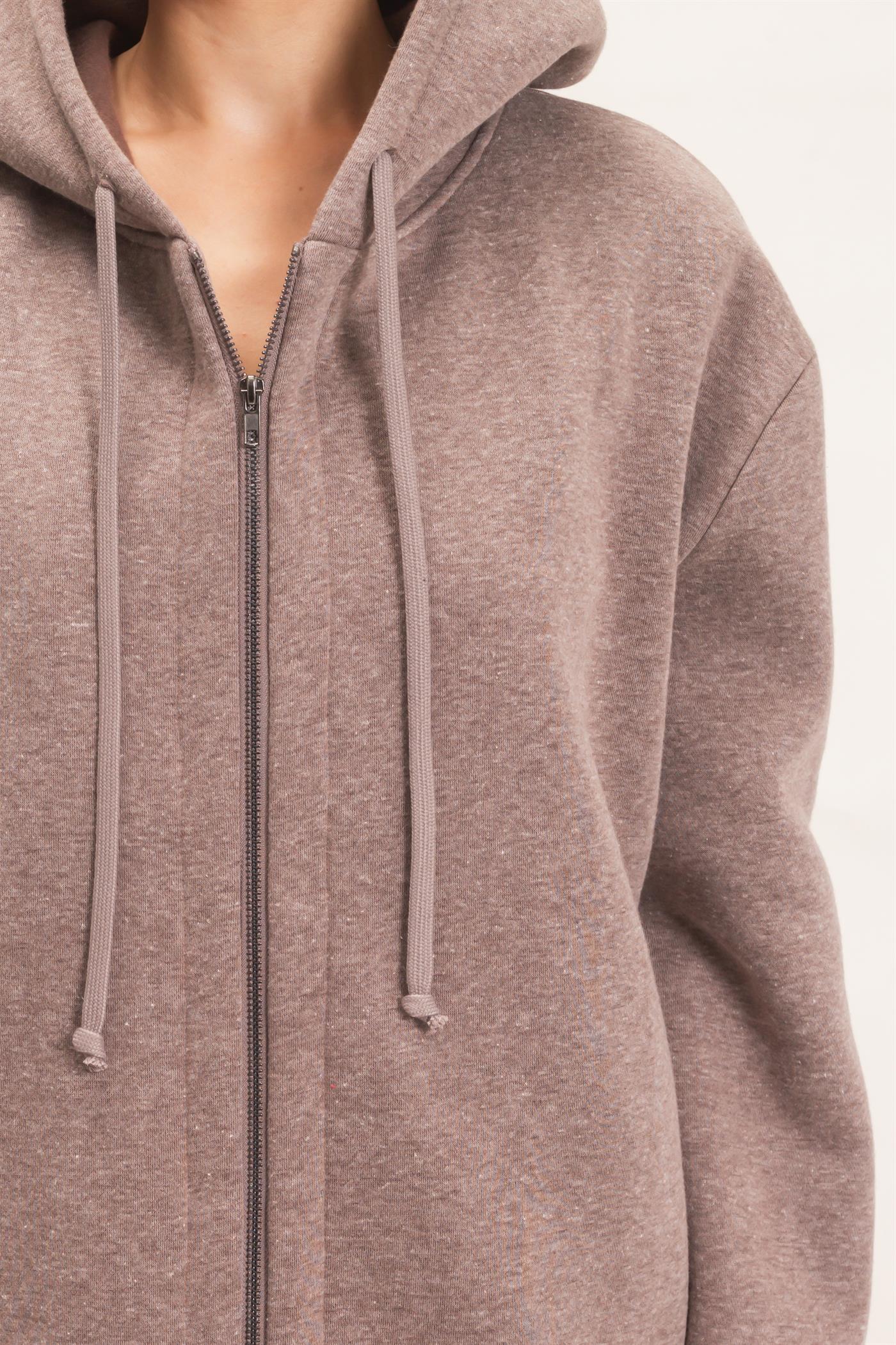 Wholesale Oversized Longline Zip-Up Hoodie Jacket Outerwear HF26E650 WALNUT HYFVE