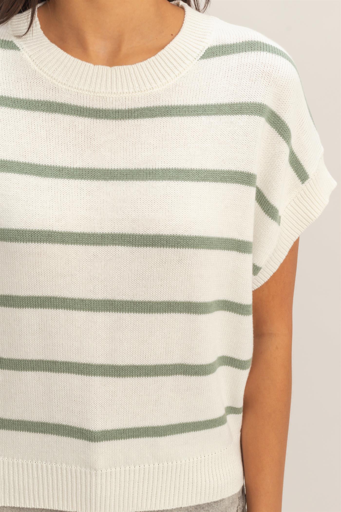 Wholesale Striped Crew Neck Knit Top Clothing Tops DZ26A740 SAGE GREEN DOUBLE ZERO