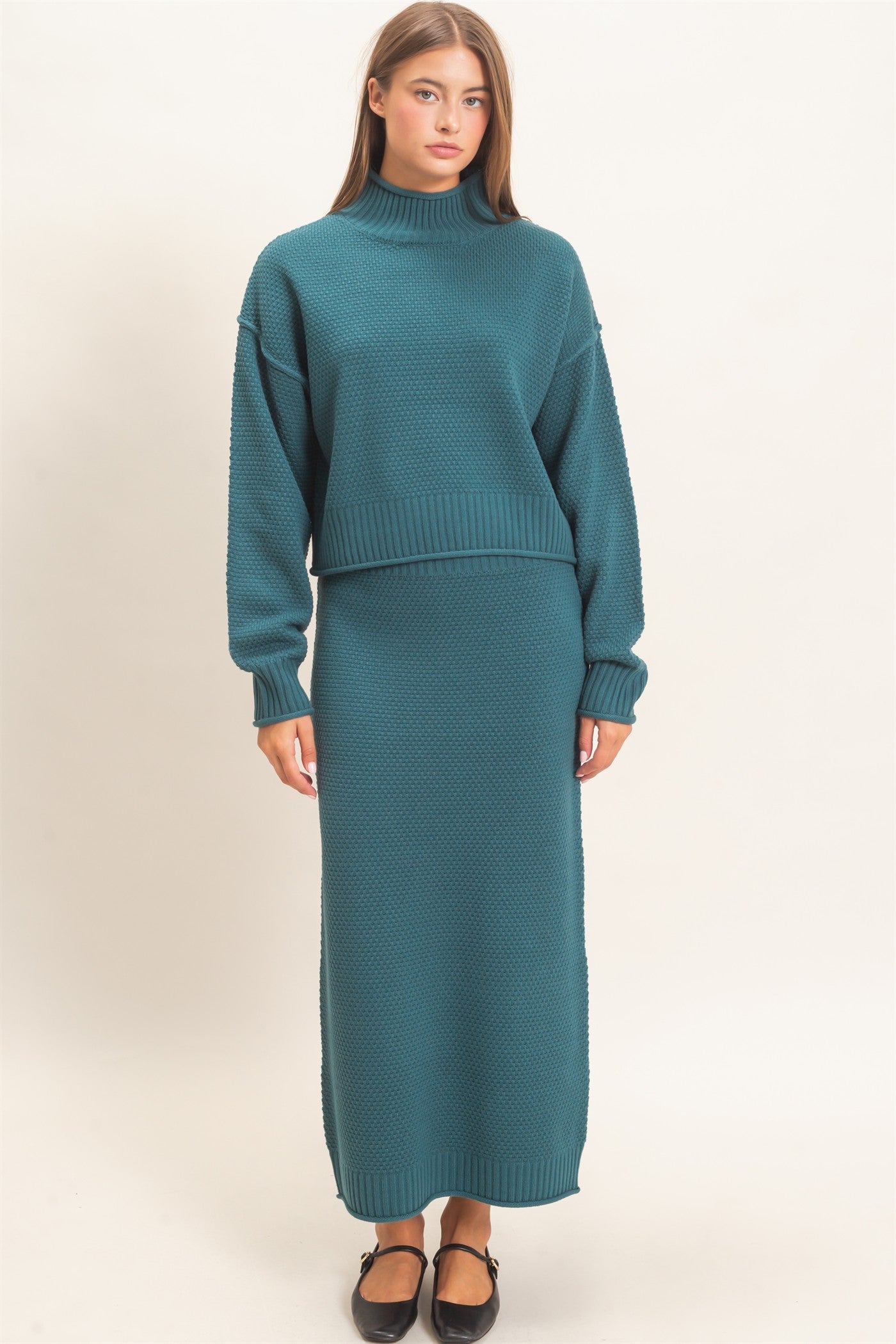 Wholesale High Neck Long Sleeve Top & Maxi Skirt Set Clothing DZ26E272-SET DARK TEAL DOUBLE ZERO