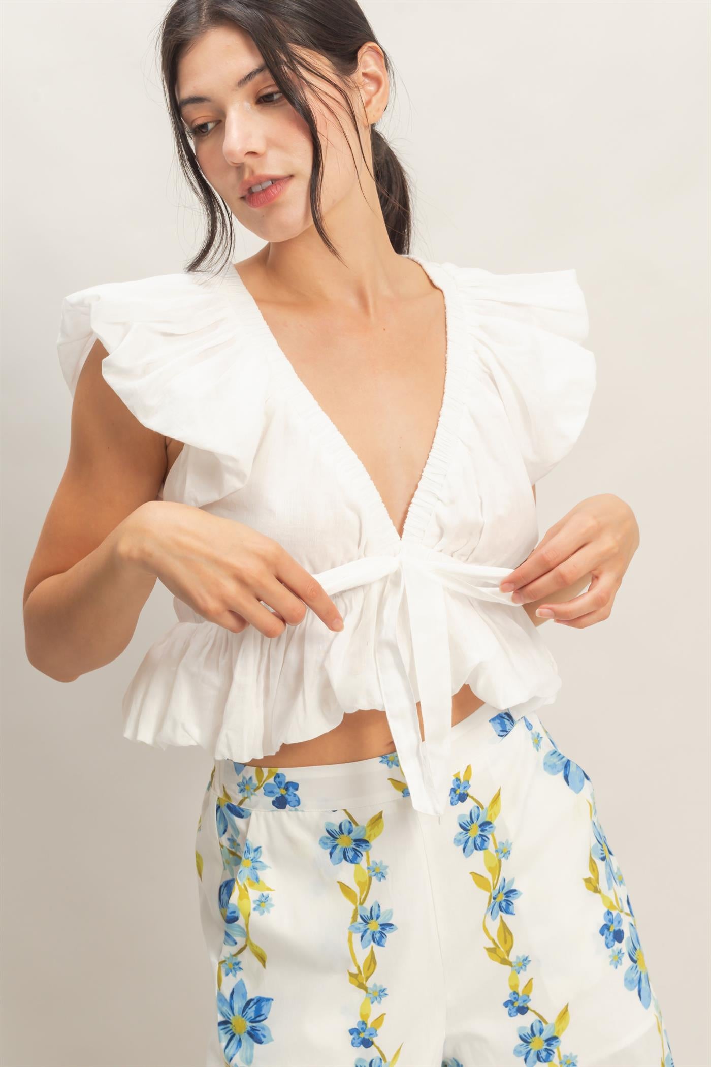 Wholesale Ruched V-Neck Puff Sleeve Top Clothing Tops HF26A122 CREAM HYFVE