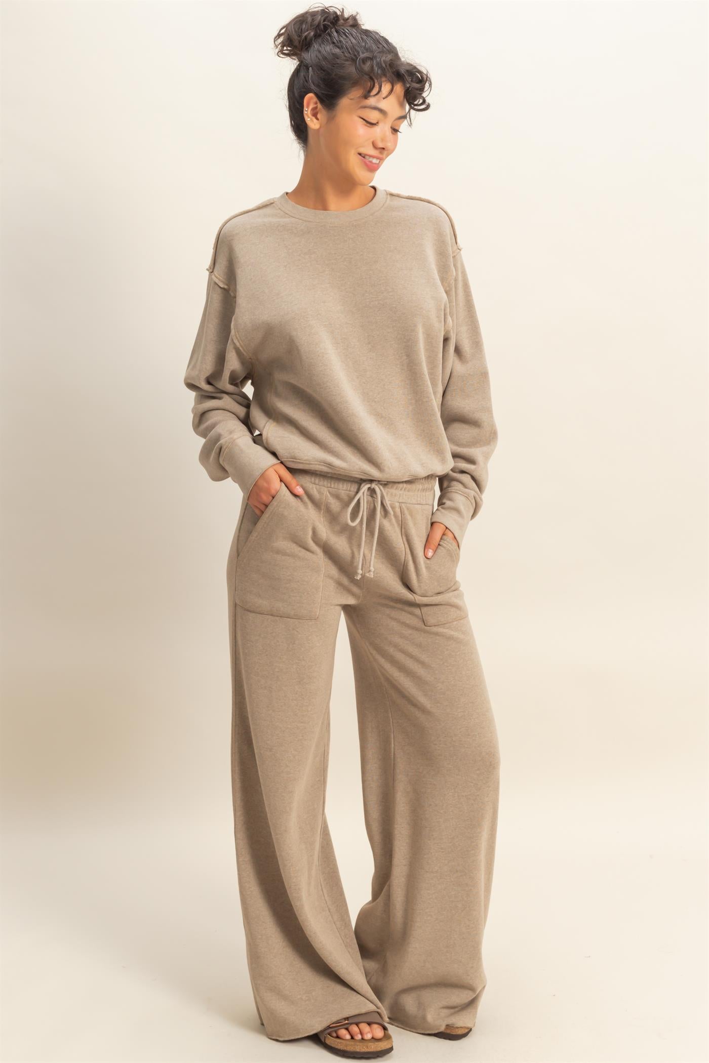 Wholesale Raw Edge Detail Burnout Sweatshirt Sweatshirts DZ26A048 MOCHA DOUBLE ZERO