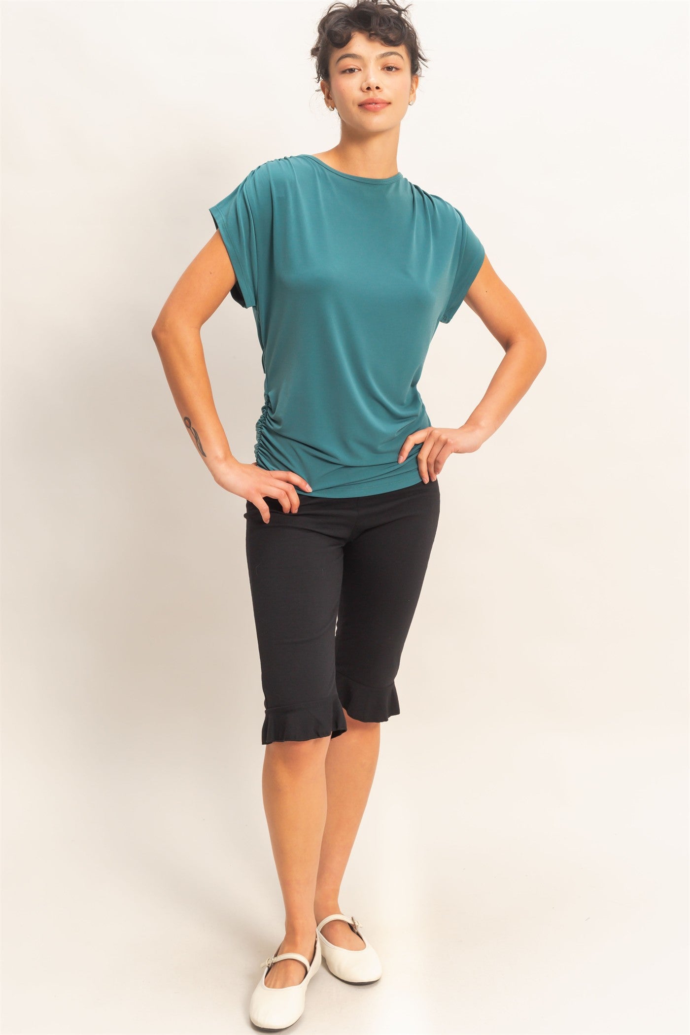 Wholesale Cowl Back Draped Cap Sleeve Top Clothing Tops DZ26C025 DARK TEAL DOUBLE ZERO
