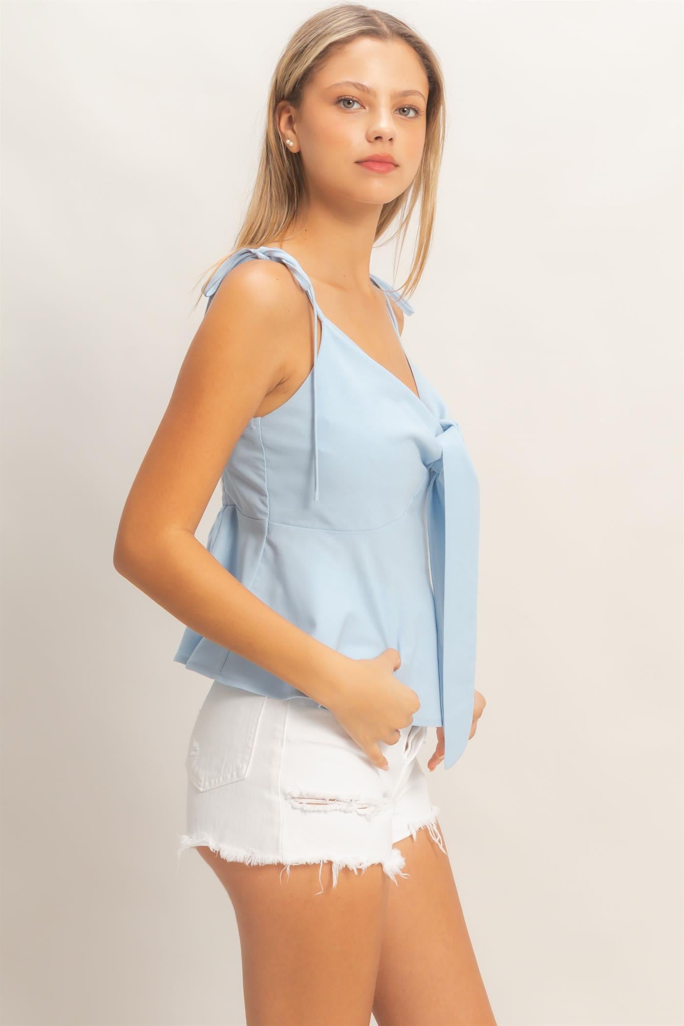 Wholesale Tie Front Spaghetti Strap Top Clothing Tops HF26A339 LIGHT BLUE HYFVE