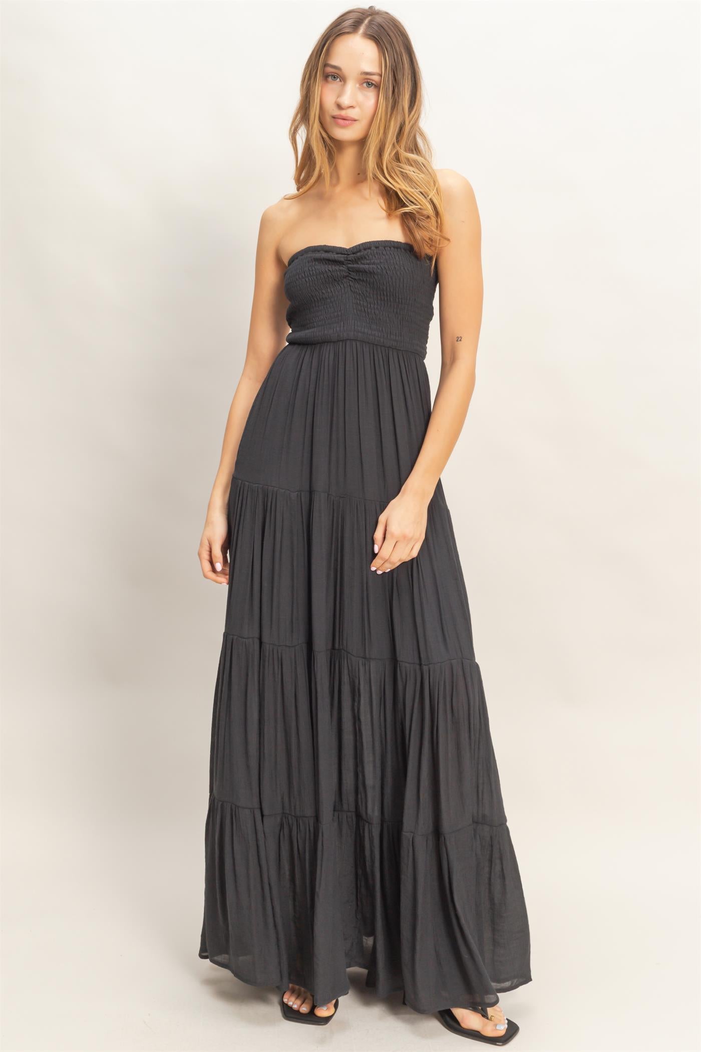 Wholesale Smocked Elastic Neck Maxi Dress Dresses HF26C284-D BLACK HYFVE