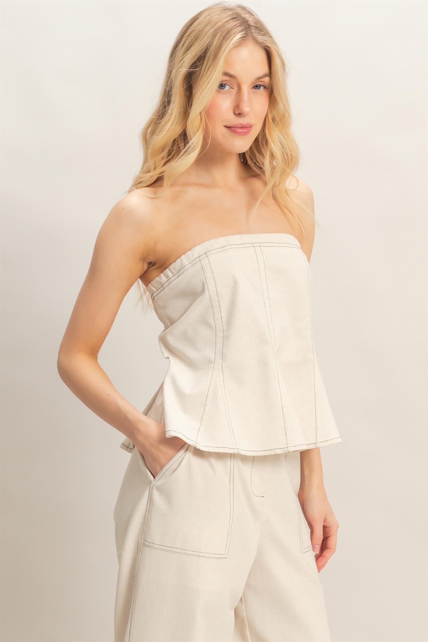 Wholesale Peplum Tube Top Clothing Tops HF26C401 OATMEAL HYFVE