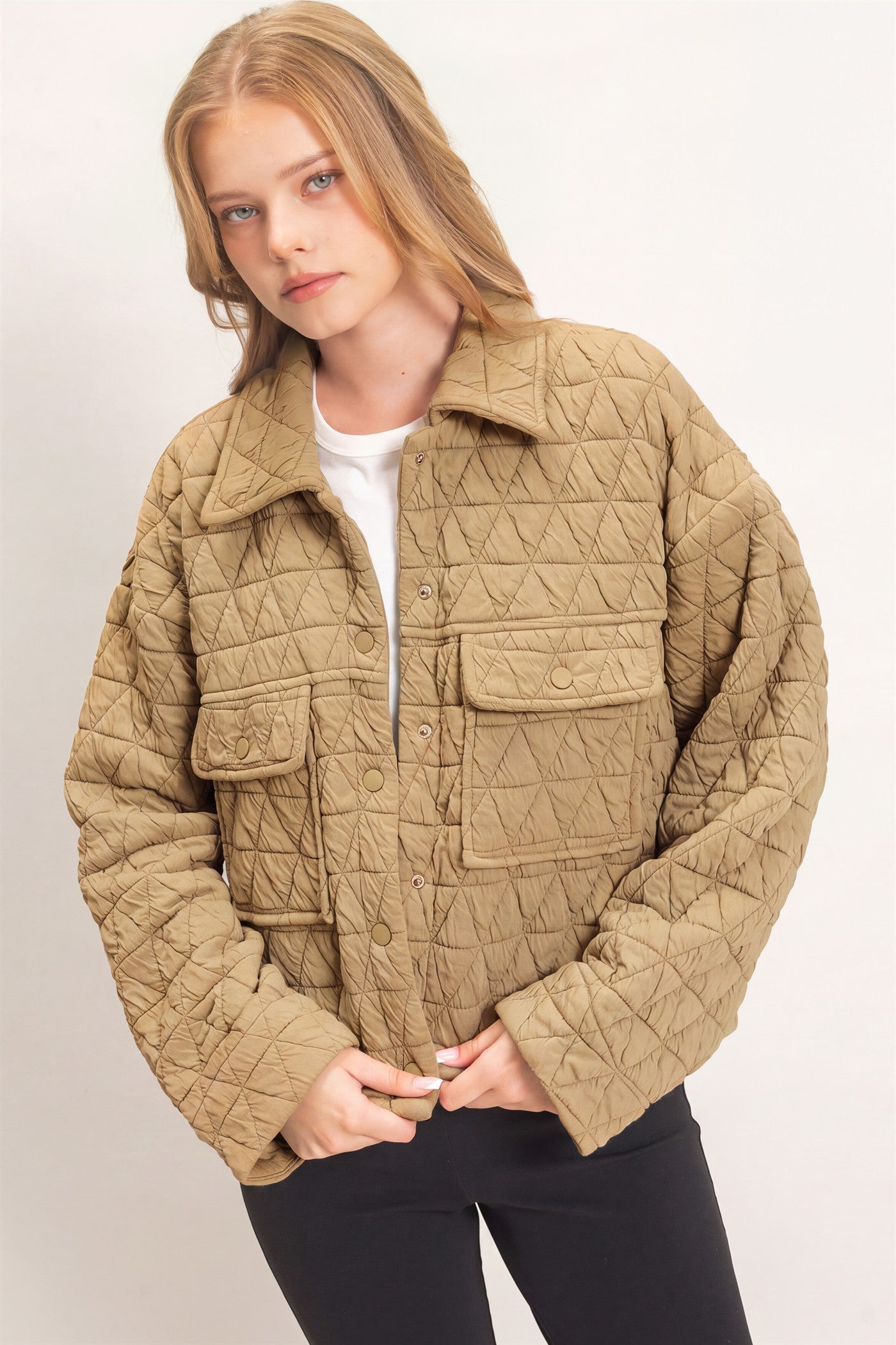 Wholesale Triangle Quilted Button-Up Jacket Coats & Jackets HF26F145 LIGHT BROWN DOUBLE ZERO