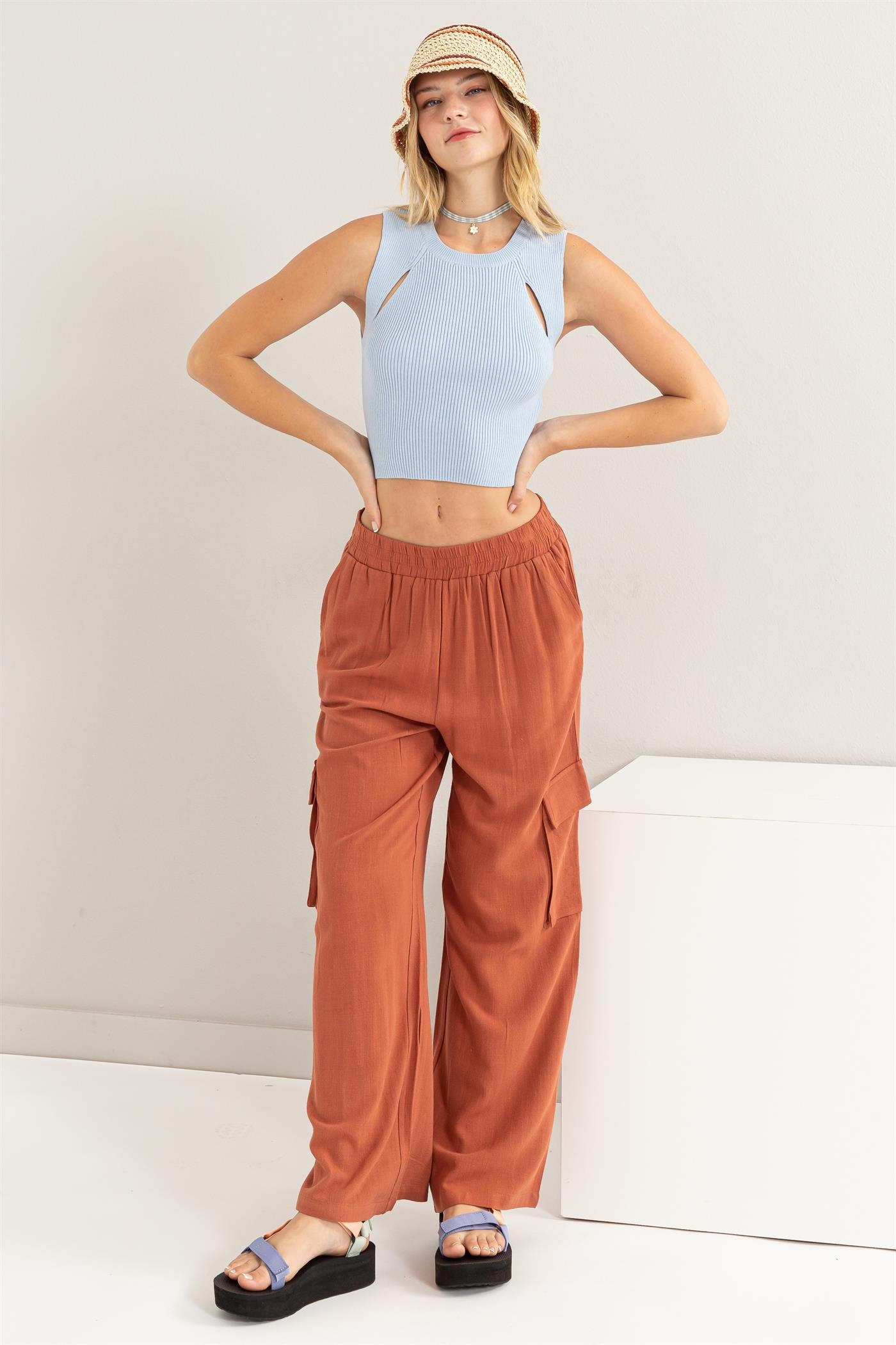 Wholesale Ribbed Cutout Knit Tank Top Clothing Tops DZ24A558 BABY BLUE DOUBLE ZERO