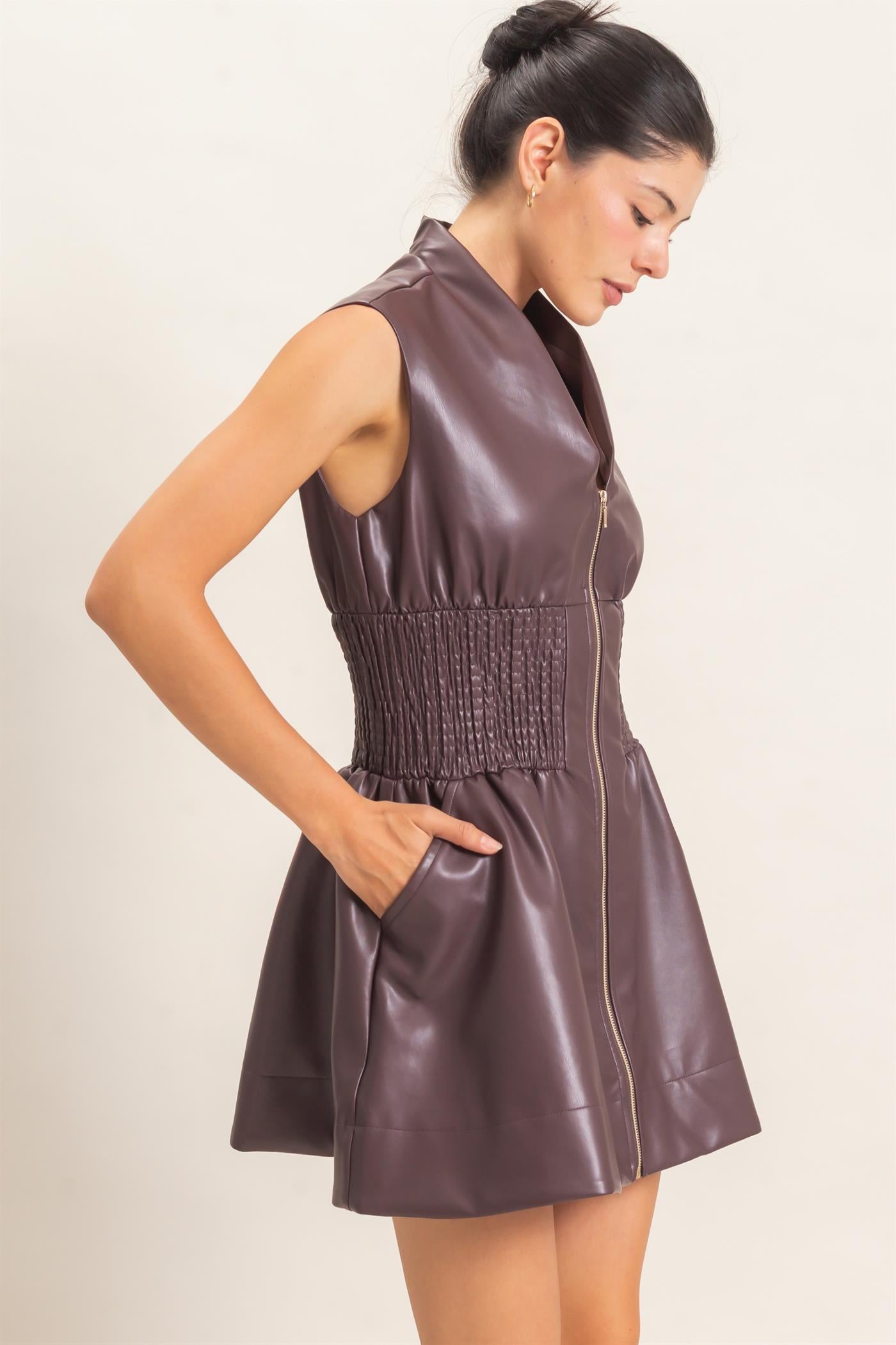 Wholesale Faux Leather Zip Front Dress Dresses HF26E364 DARK CHERRY HYFVE