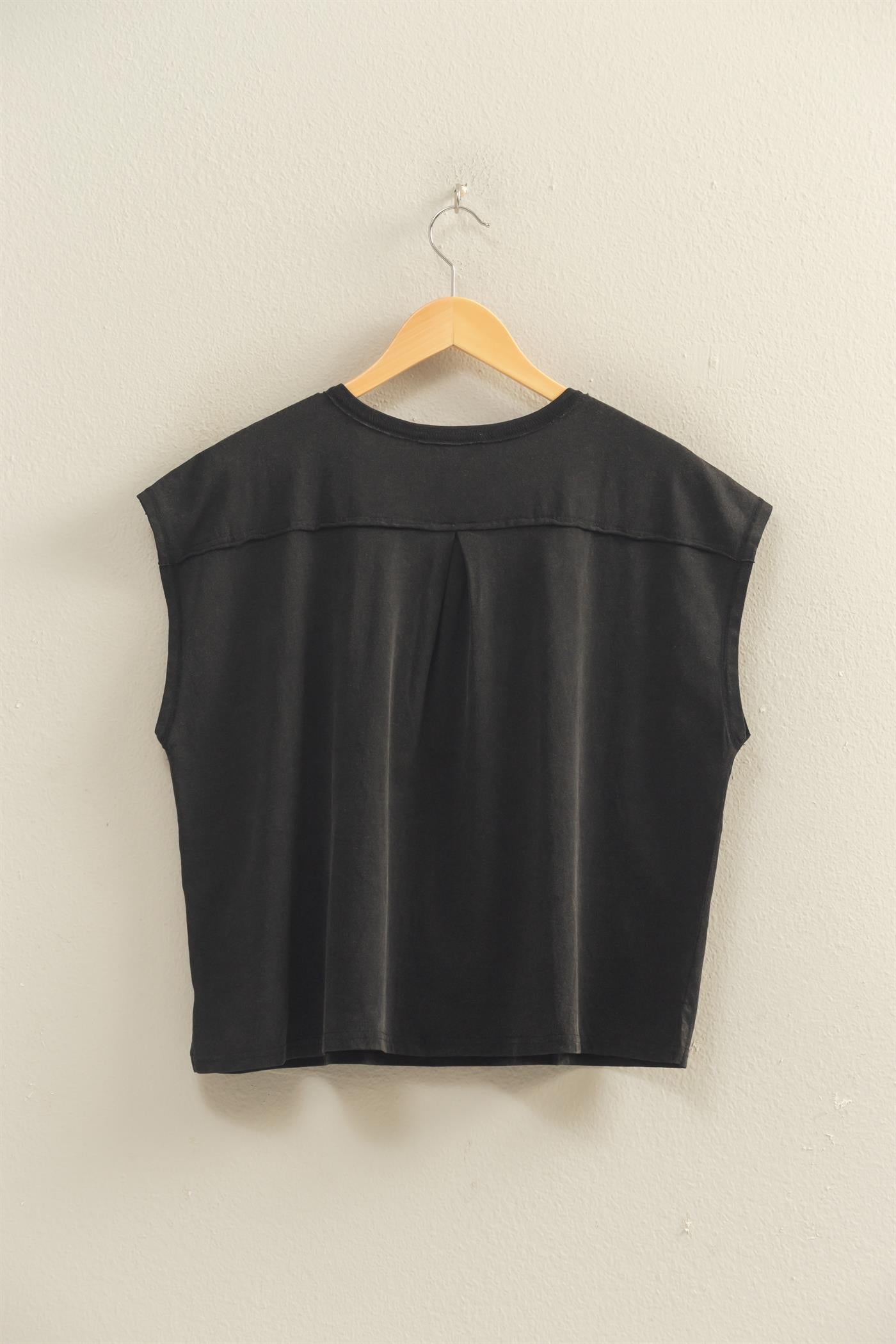 Wholesale Henley Neck Cap Sleeve Top Clothing Tops DZ26E279 BLACK DOUBLE ZERO