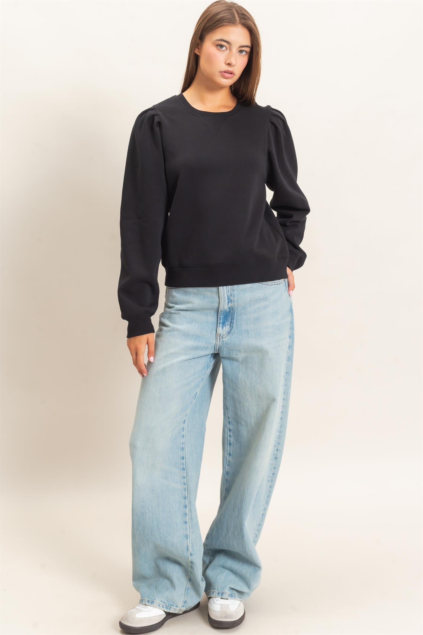 Wholesale Puff Sleeve Crew Neck Sweatshirt Sweatshirts DZ26E110 BLACK DOUBLE ZERO