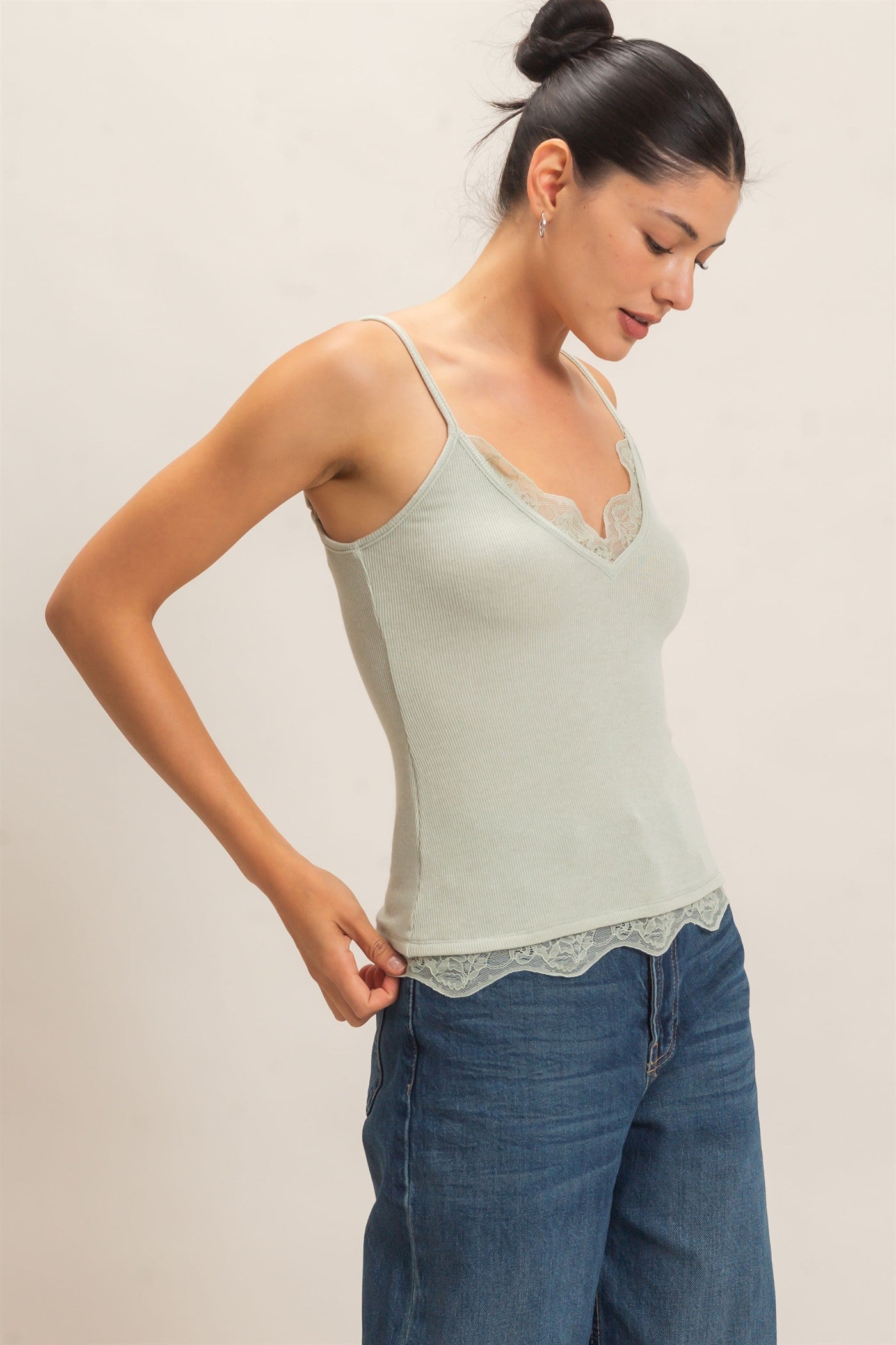 Wholesale Knit Lace Trim Camisole Tank Tops HF26E014 SAGE GEEEN HYFVE