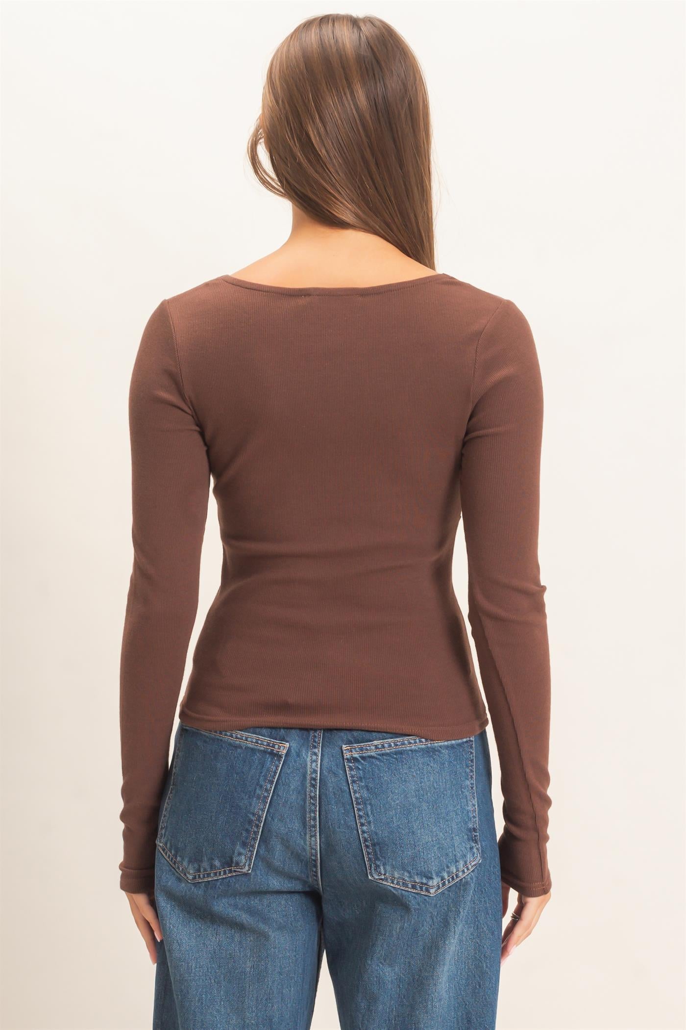 Wholesale Lace Trim V-Neck Top Clothing Tops DZ26E913 DARK BROWN DOUBLE ZERO