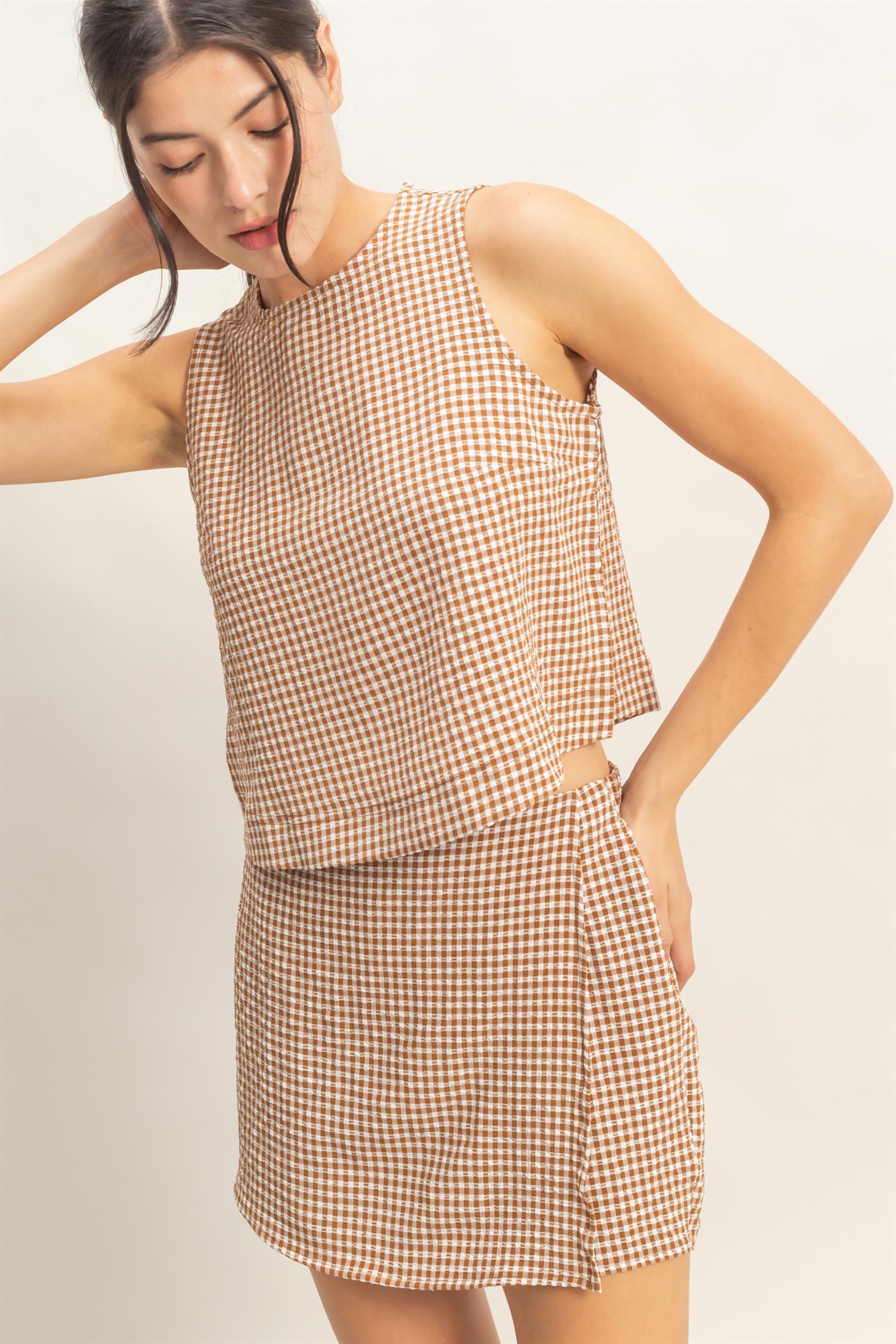 Wholesale Gingham Checkered Sleeveless Top And Skort Set Clothing DZ26C688-SET BROWN DOUBLE ZERO