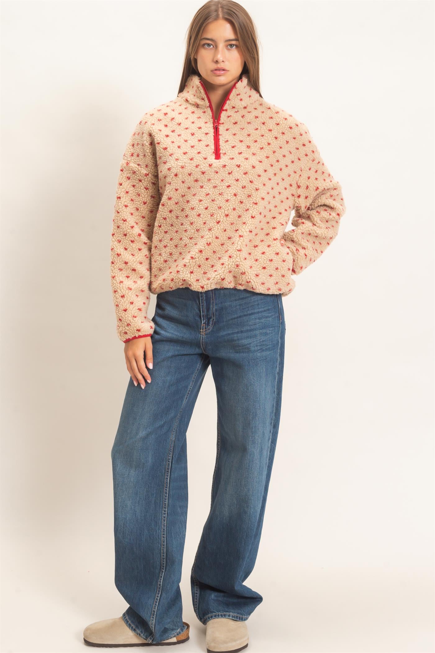 Wholesale Polka Dot Sherpa Half-Zip Pullover Coats & Jackets DZ26F161 RED DOUBLE ZERO