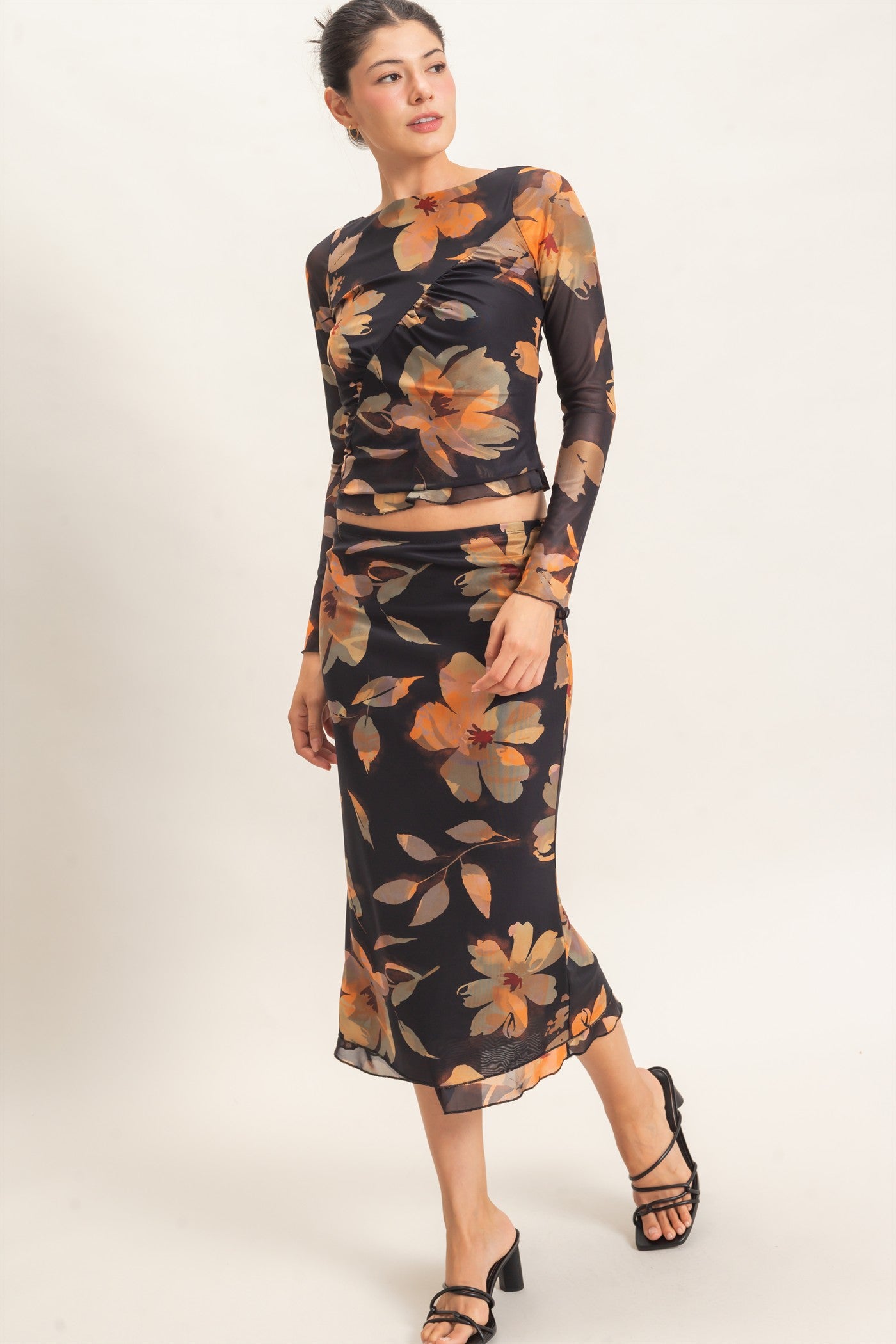 Wholesale Floral Mesh Top And Skirt Set Clothing HF26C933-SET BLACK HYFVE