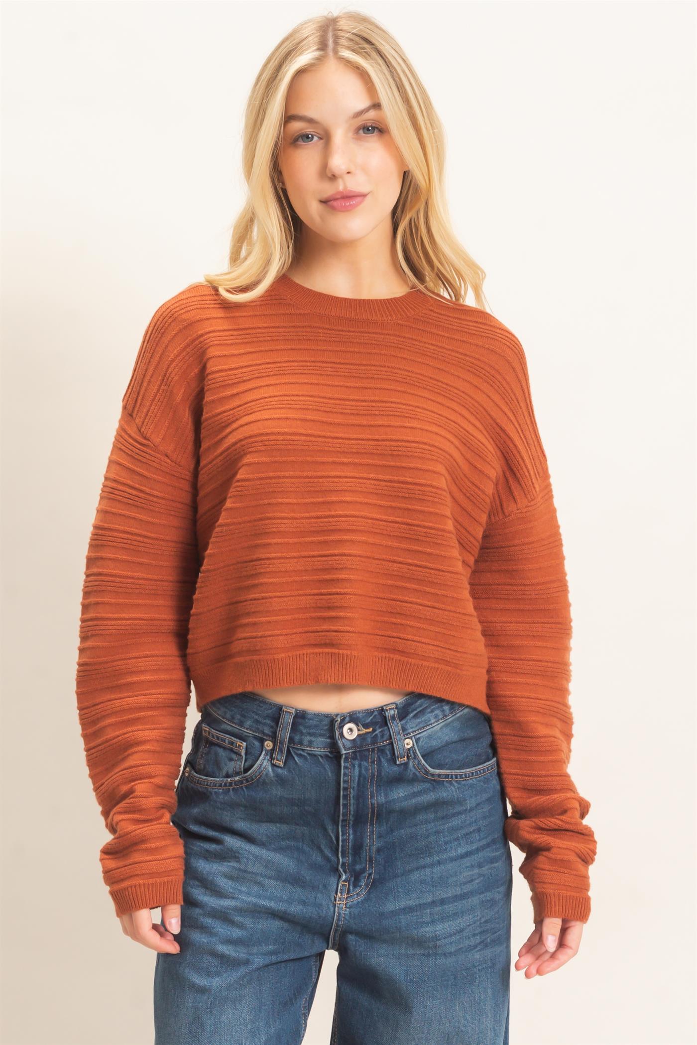 Wholesale Textured Crew Neck Sweater Sweaters HF26F196 BROWN HYFVE