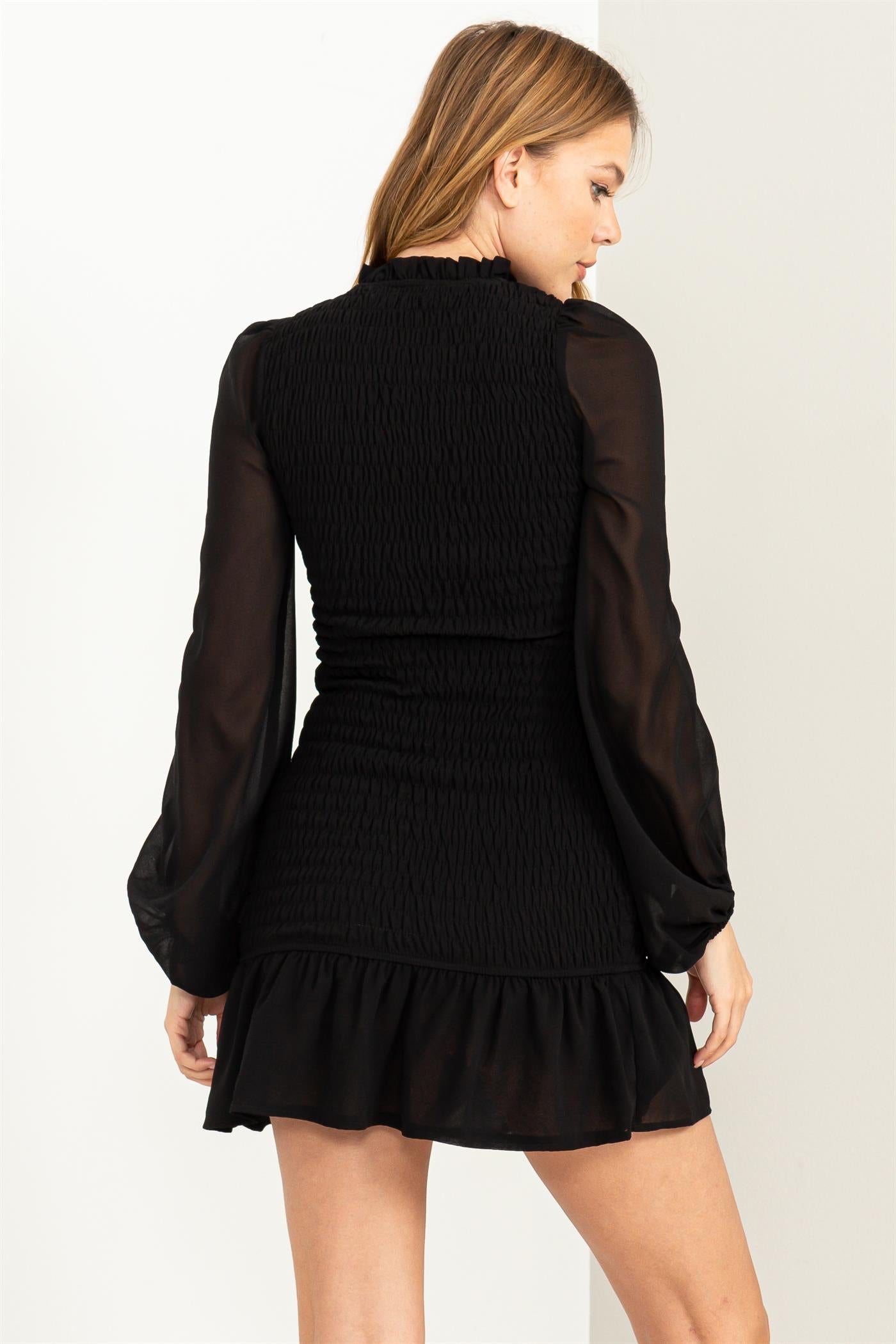 Wholesale Smocked Ruffled Mini Dress Dresses HF23G430 BLACK HYFVE