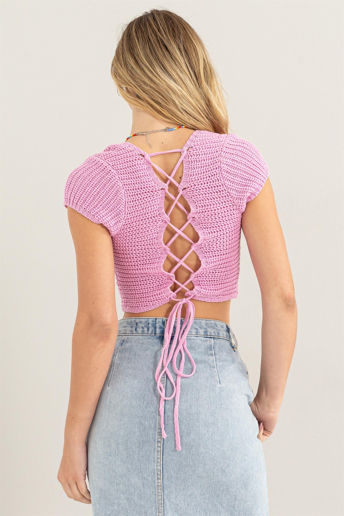 Wholesale Square Neck Cap Sleeve Top Clothing Tops DZ24A868 PINK DOUBLE ZERO