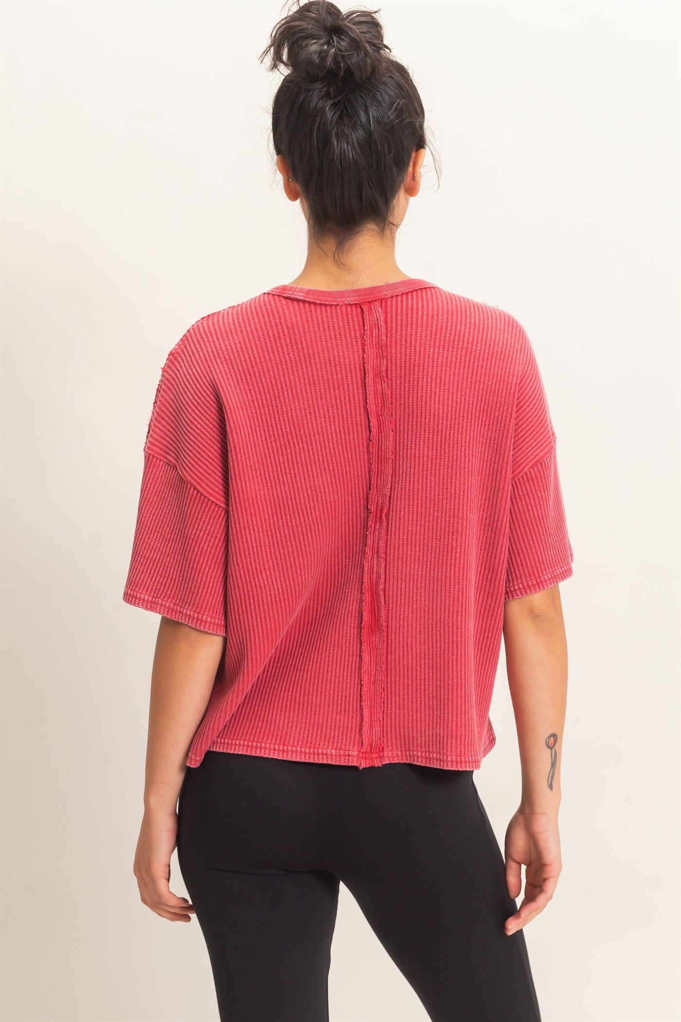 Wholesale Mineral Wash Waffle Knit Pocket Top Clothing Tops DZ26E222 DARK RED DOUBLE ZERO