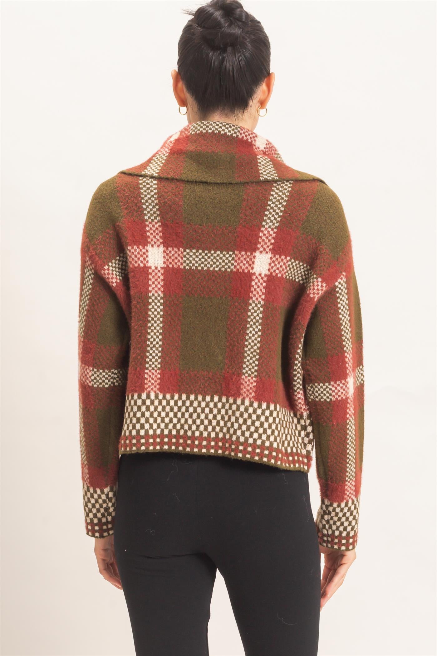 Wholesale Wide Collar Plaid Zip-Up Sweater Cardigans HF26E898 OLIVE COMBO HYFVE
