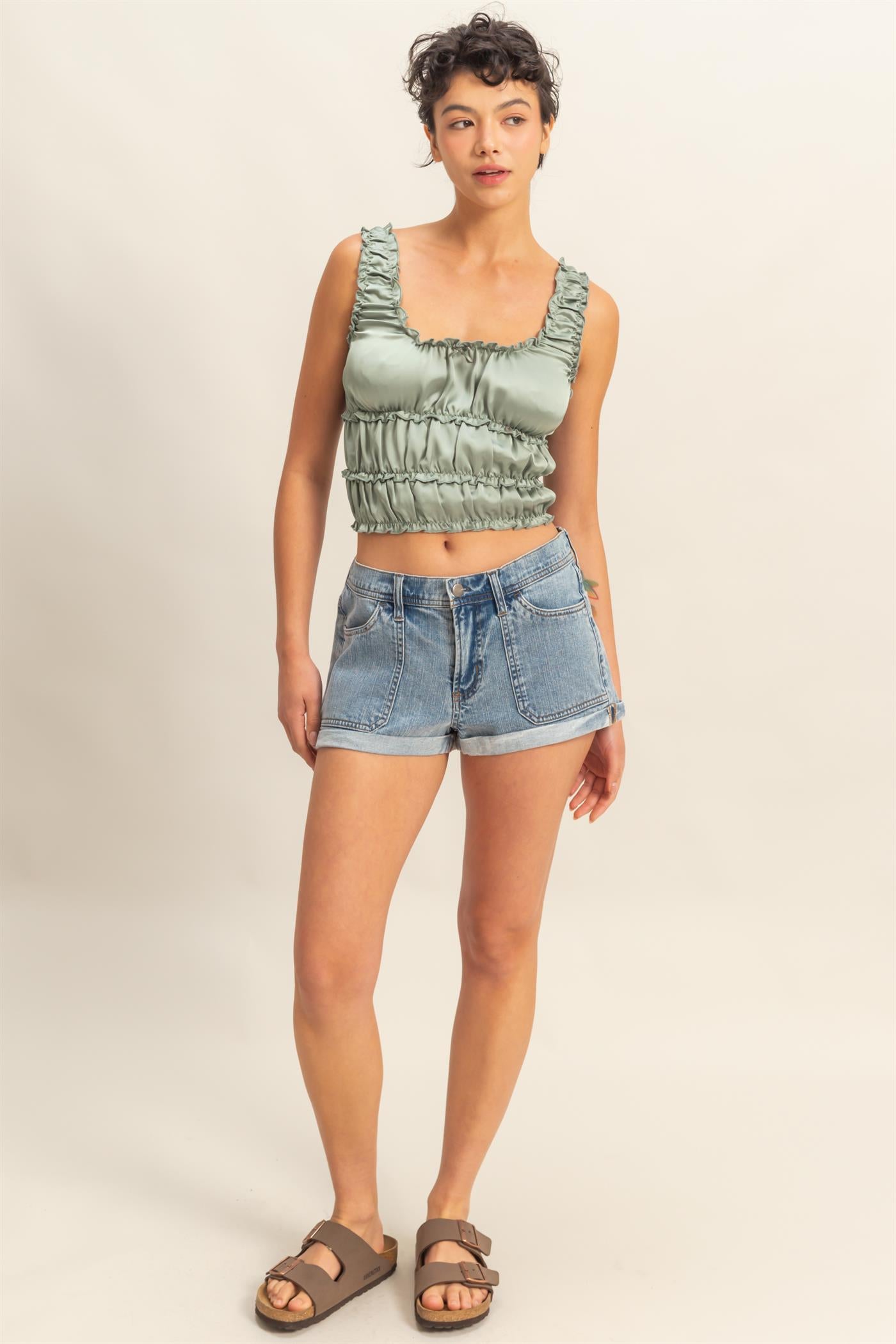 Wholesale Ruched Satin Sleeveless Crop Top Clothing Tops DZ25C172 SAGE GREEN DOUBLE ZERO