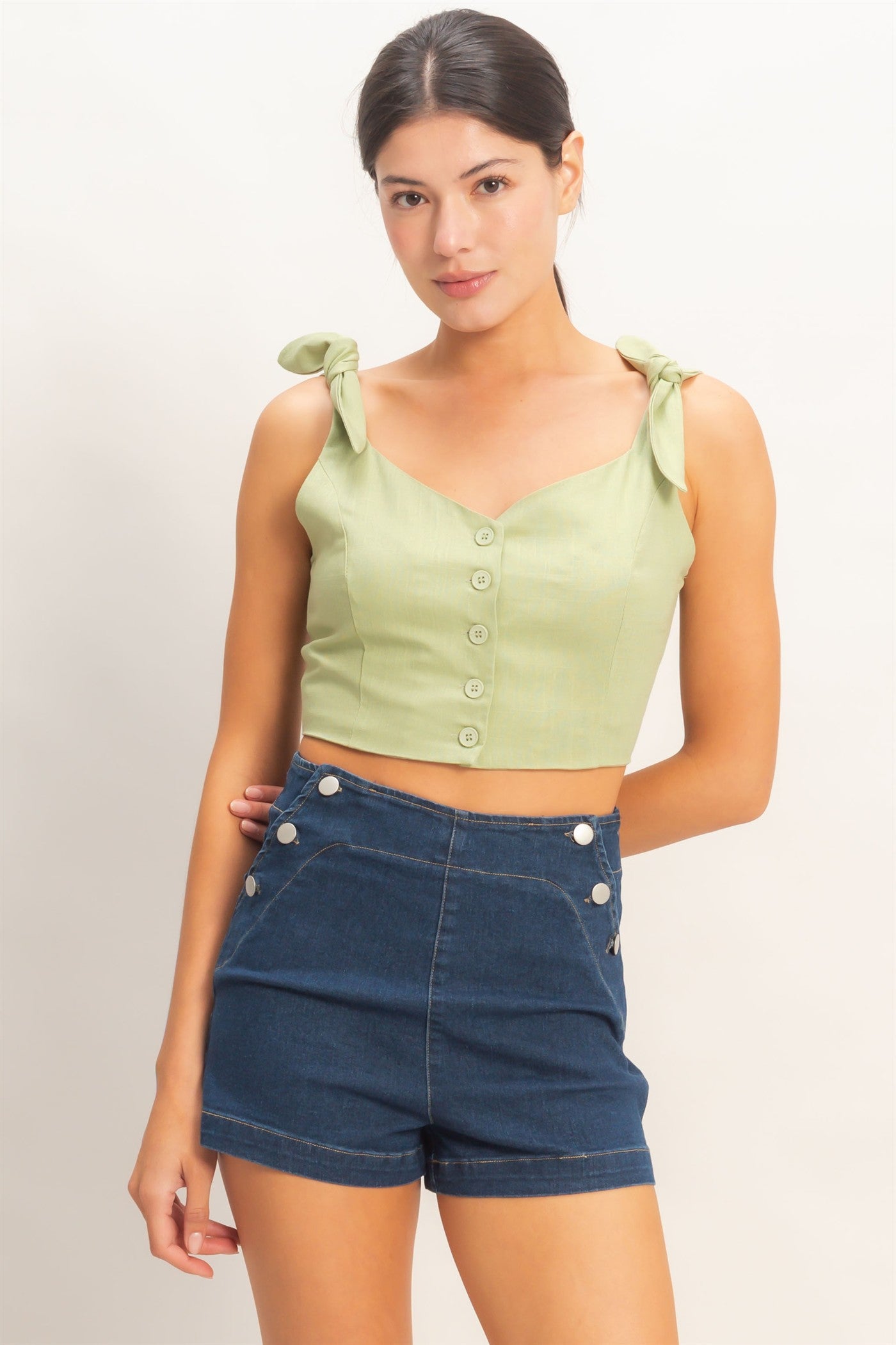 Wholesale Button-Up Tie Strap Crop Top Clothing Tops HF26A445 SAGE GREEN HYFVE