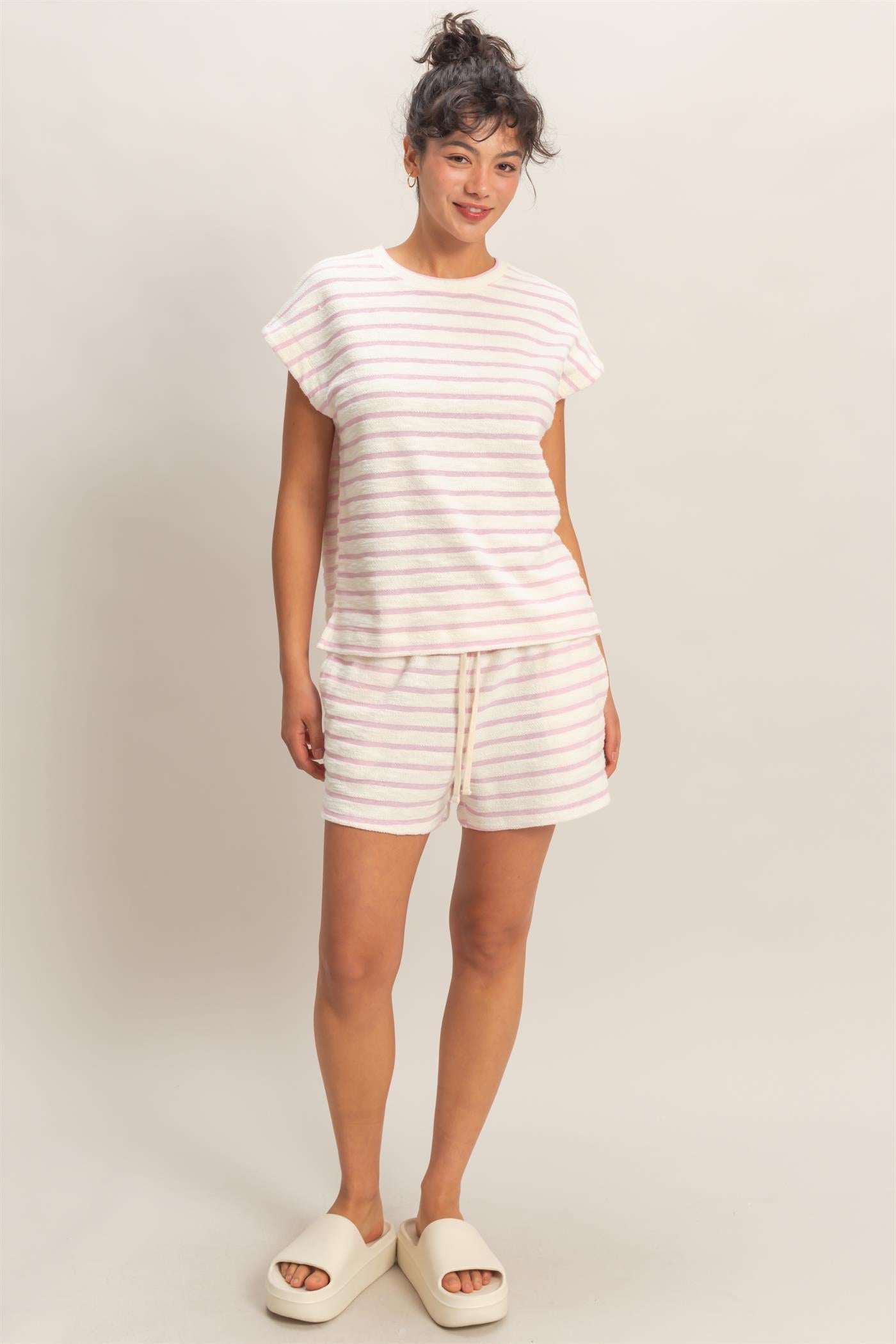 Wholesale Striped Round Neck Short Sleeve Top Clothing Tops DZ26A754 PINK DOUBLE ZERO