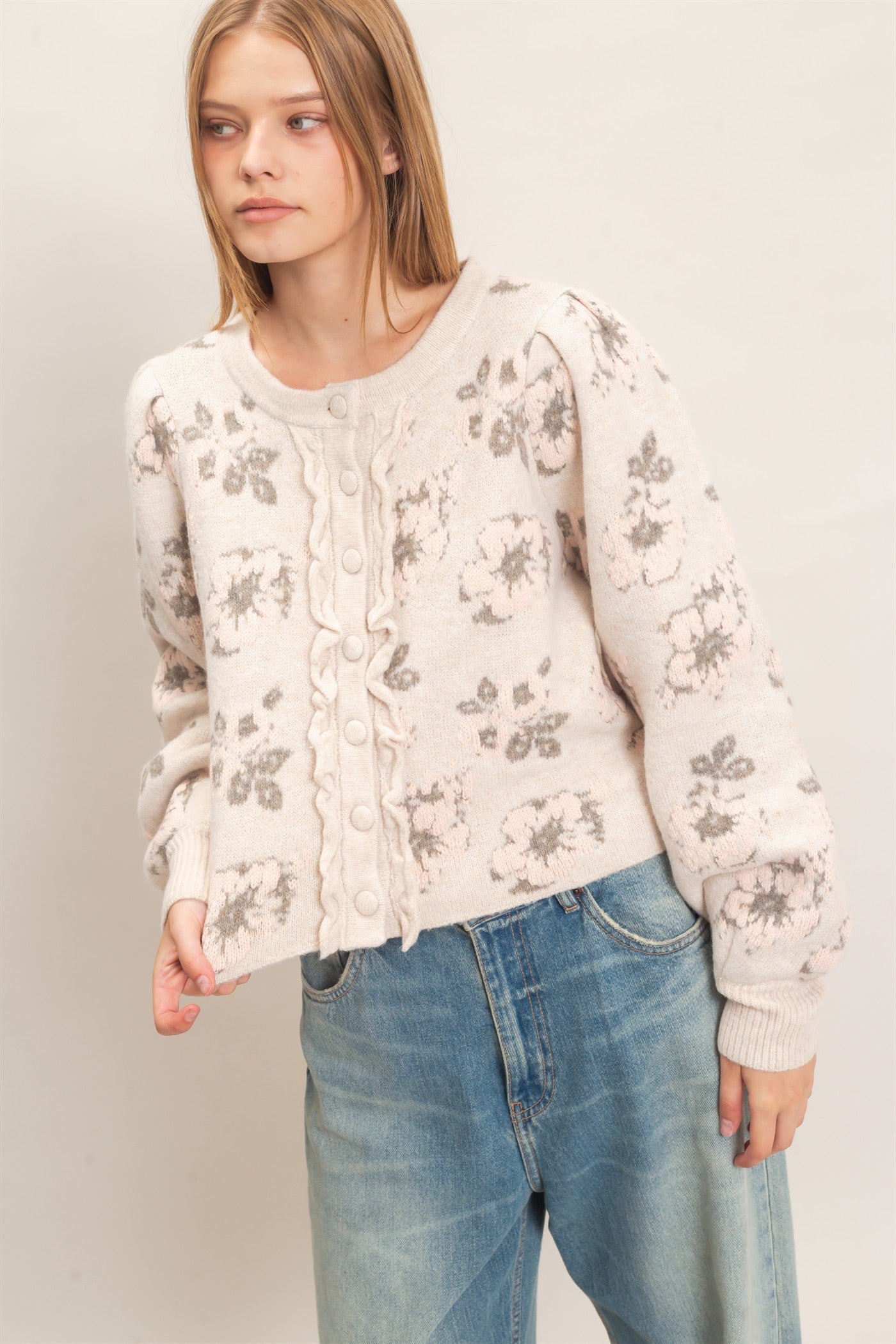 Wholesale Floral Jacquard Ruffle Placket Cardigan Cardigans HF26F148 BEIGE HYFVE