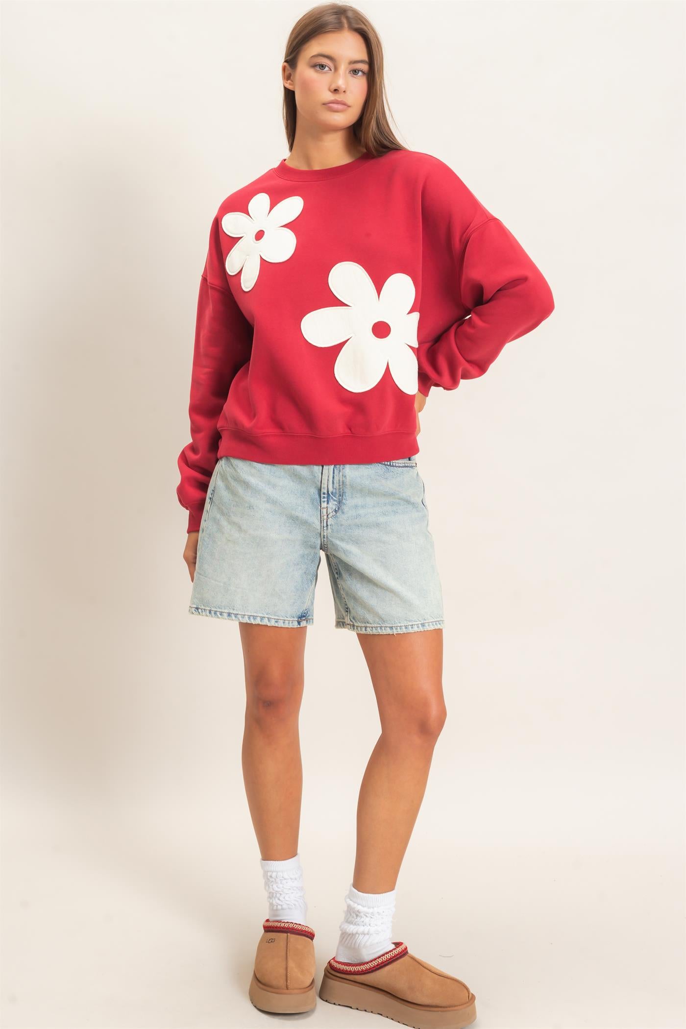 Wholesale Floral Applique Crew Neck Sweatshirt Sweatshirts DZ26E708 DARK RED DOUBLE ZERO
