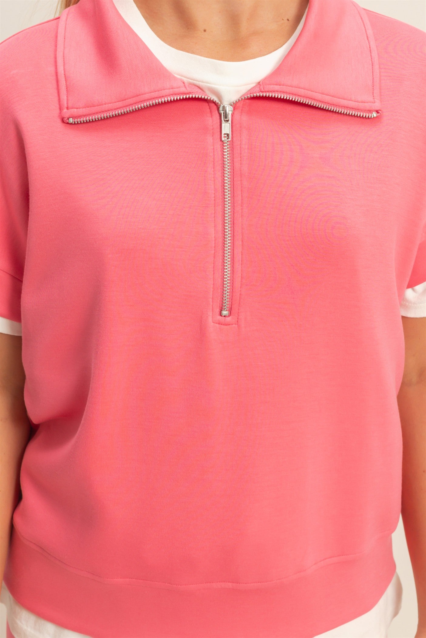 Wholesale Short Sleeve High Neck Half-Zip Top Clothing Tops DZ26C735 TAFFY PINK DOUBLE ZERO