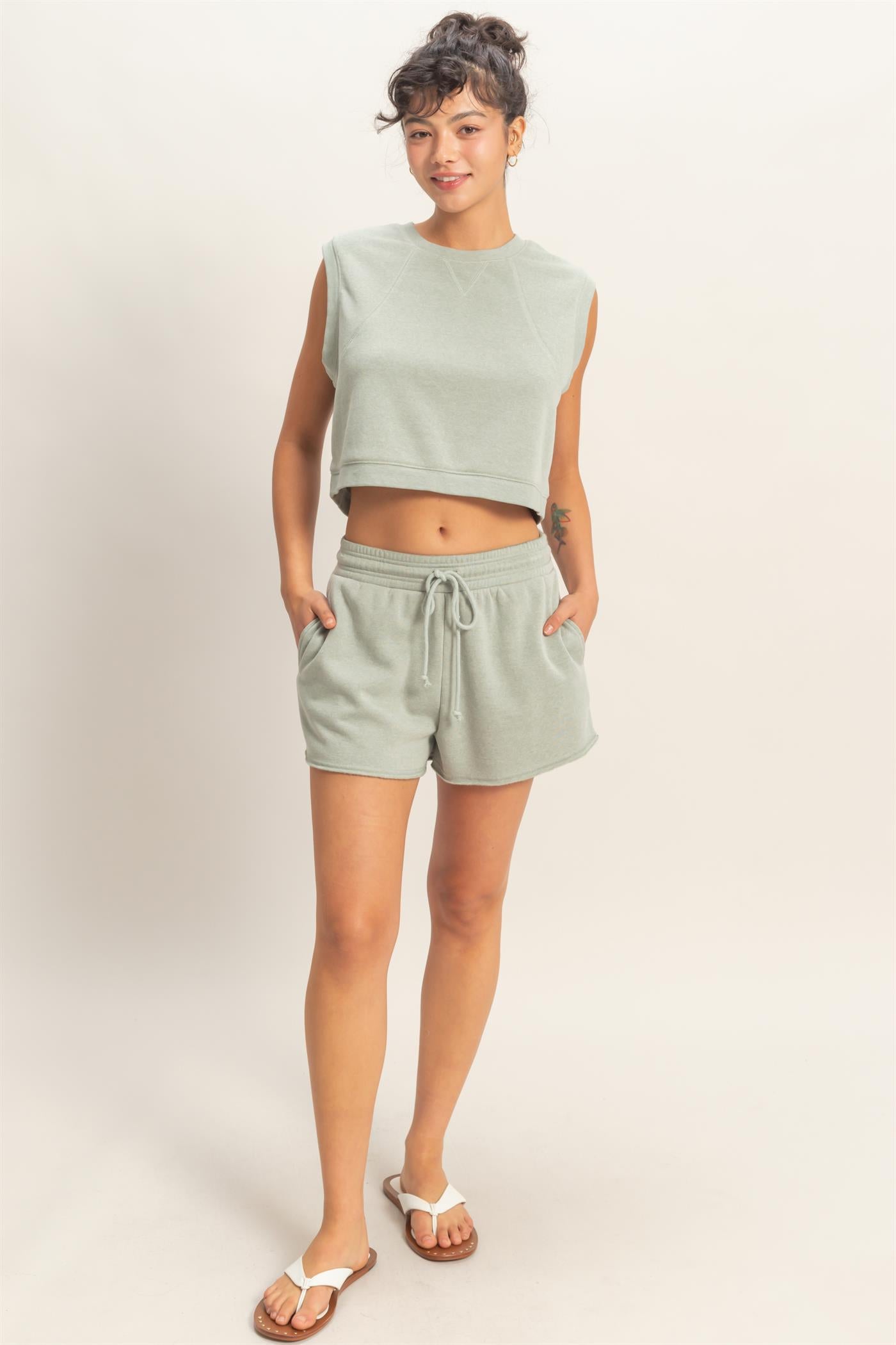 Wholesale Burnout French Terry Sleeveless Top & Shorts Set Clothing Tops DZ26A171-SET SAGE GREEN DOUBLE ZERO