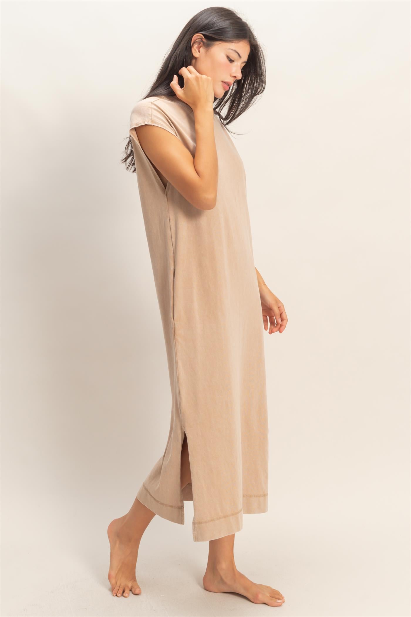 Wholesale Mineral Wash Cap Sleeve Midi Dress Dresses DZ26A049 DARK TAUPE DOUBLE ZERO