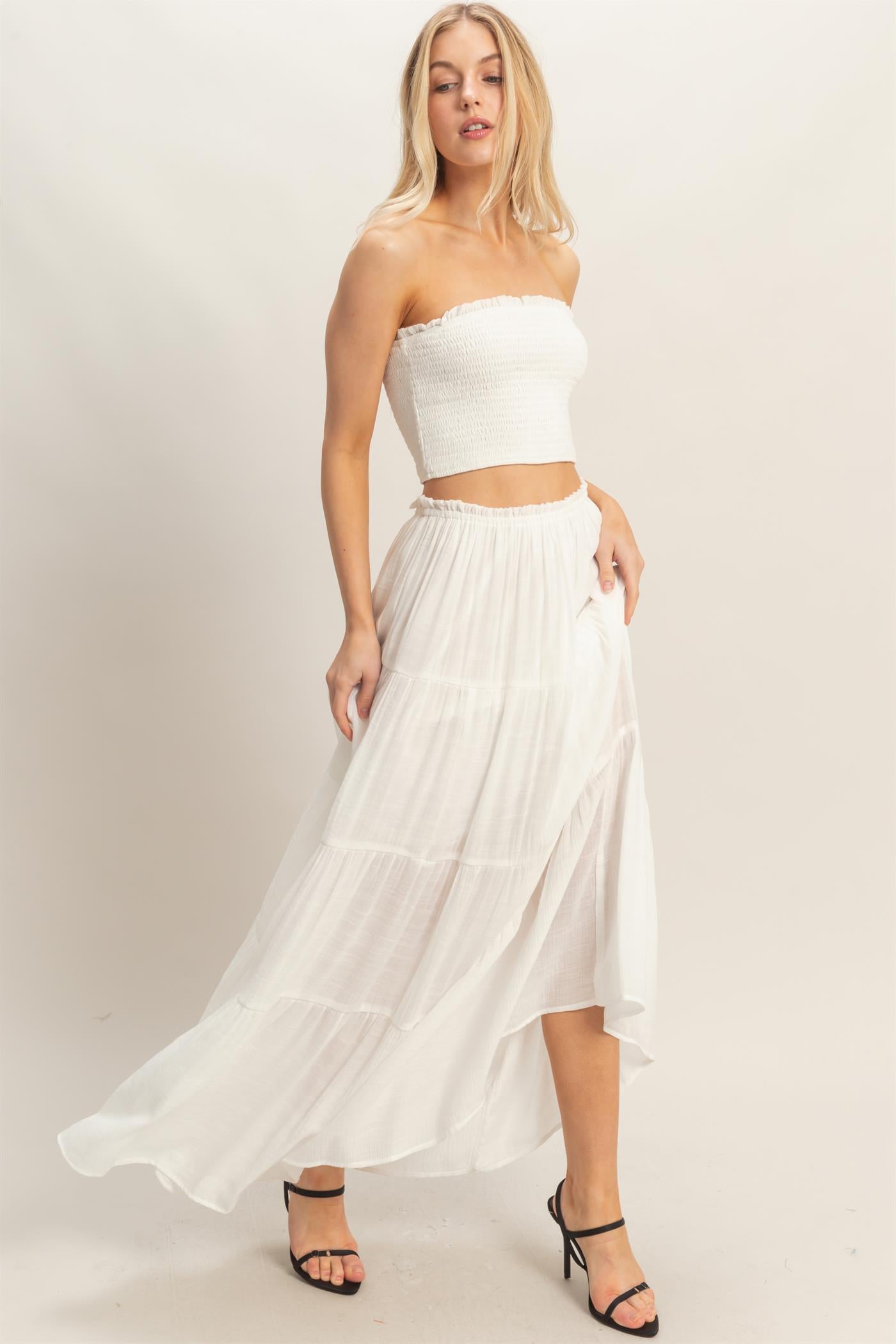 Wholesale Smocked Tube Top & Tiered Skirt Set Clothing HF26C289-SET-D WHITE HYFVE
