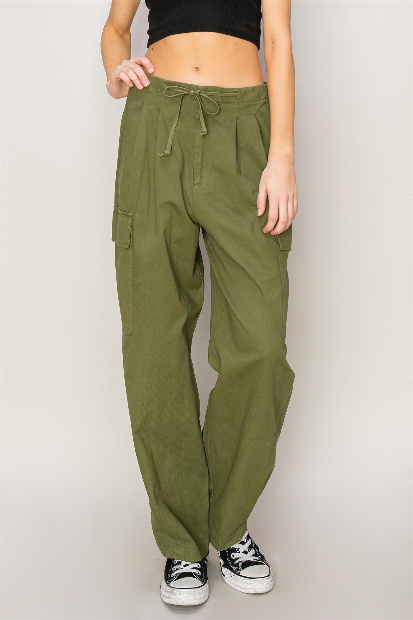 Wholesale High Waist Drawstring Cargo Pants Pants DZ24A650 MOSS DOUBLE ZERO