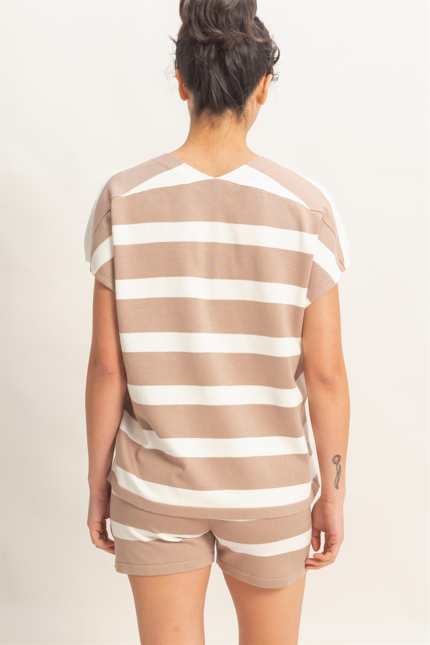 Wholesale V-Neck Top & Striped Shorts Set Clothing HF26A323-SET BEIGE HYFVE